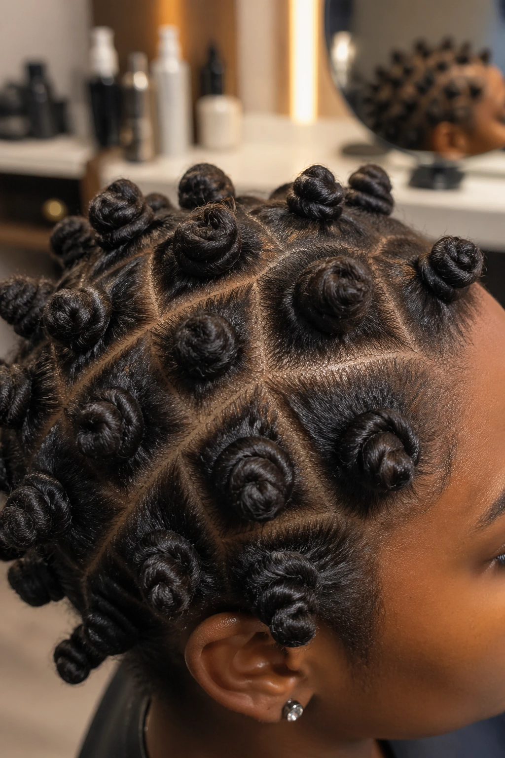 Close-up of Bantu knot-out knots on short curly hair in a salon chair