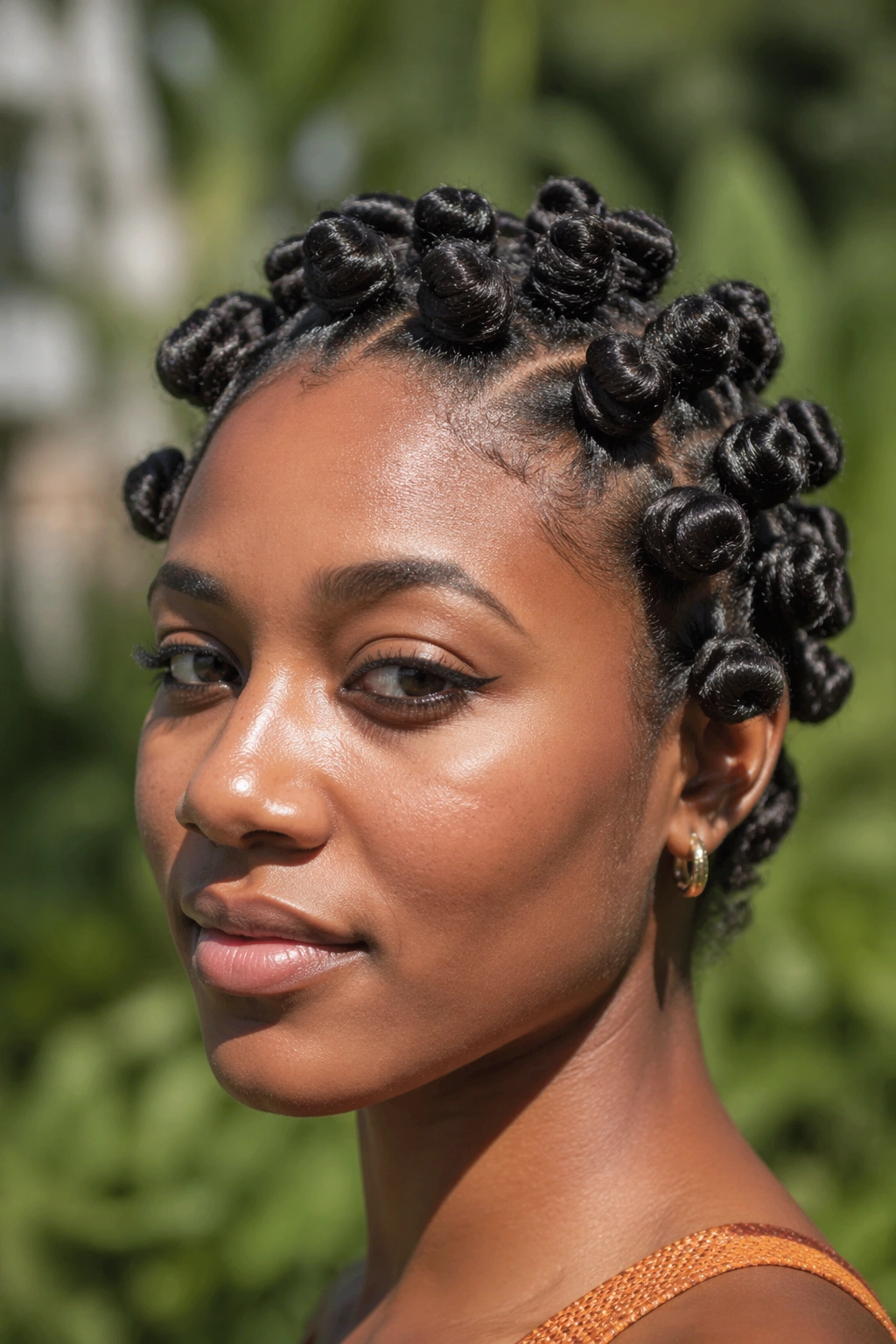 Close-up of a real person with a Bantu knot-out on short hair