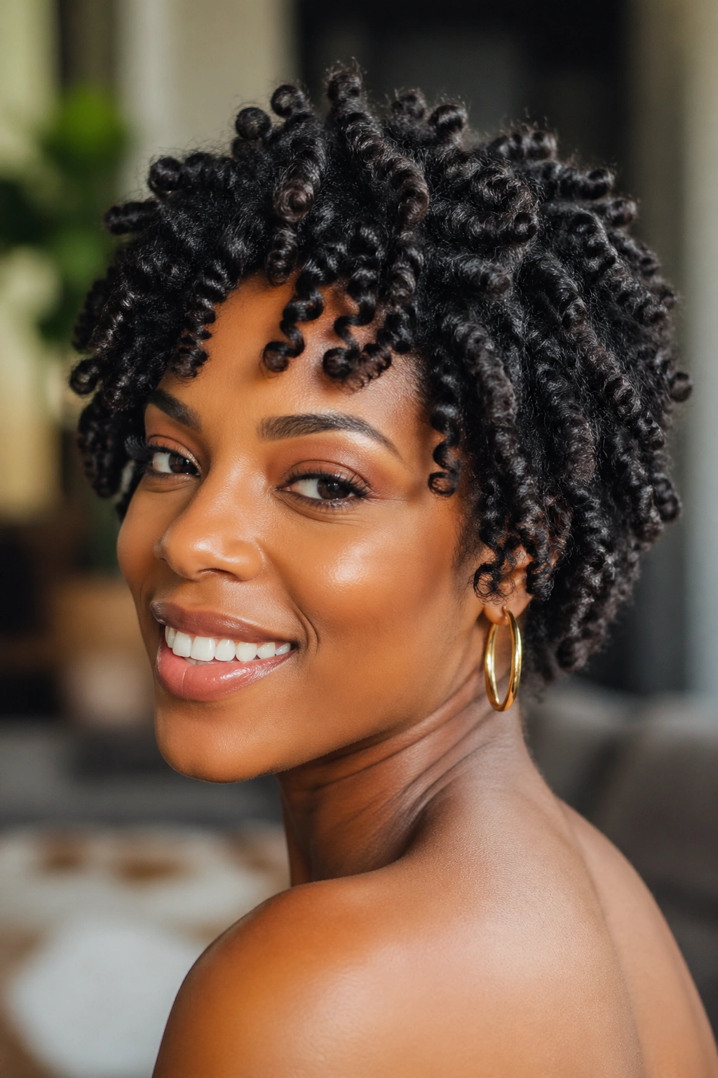 Close-up of a real woman with bantu knot-out on short hair.