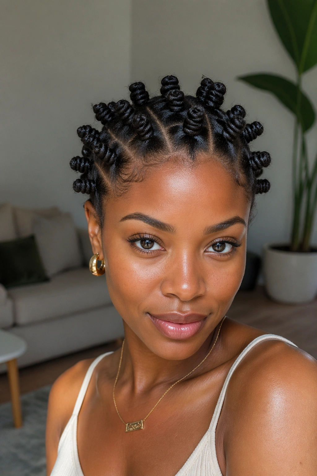 Close-up of a Black woman with small neat Bantu knots on short natural hair
