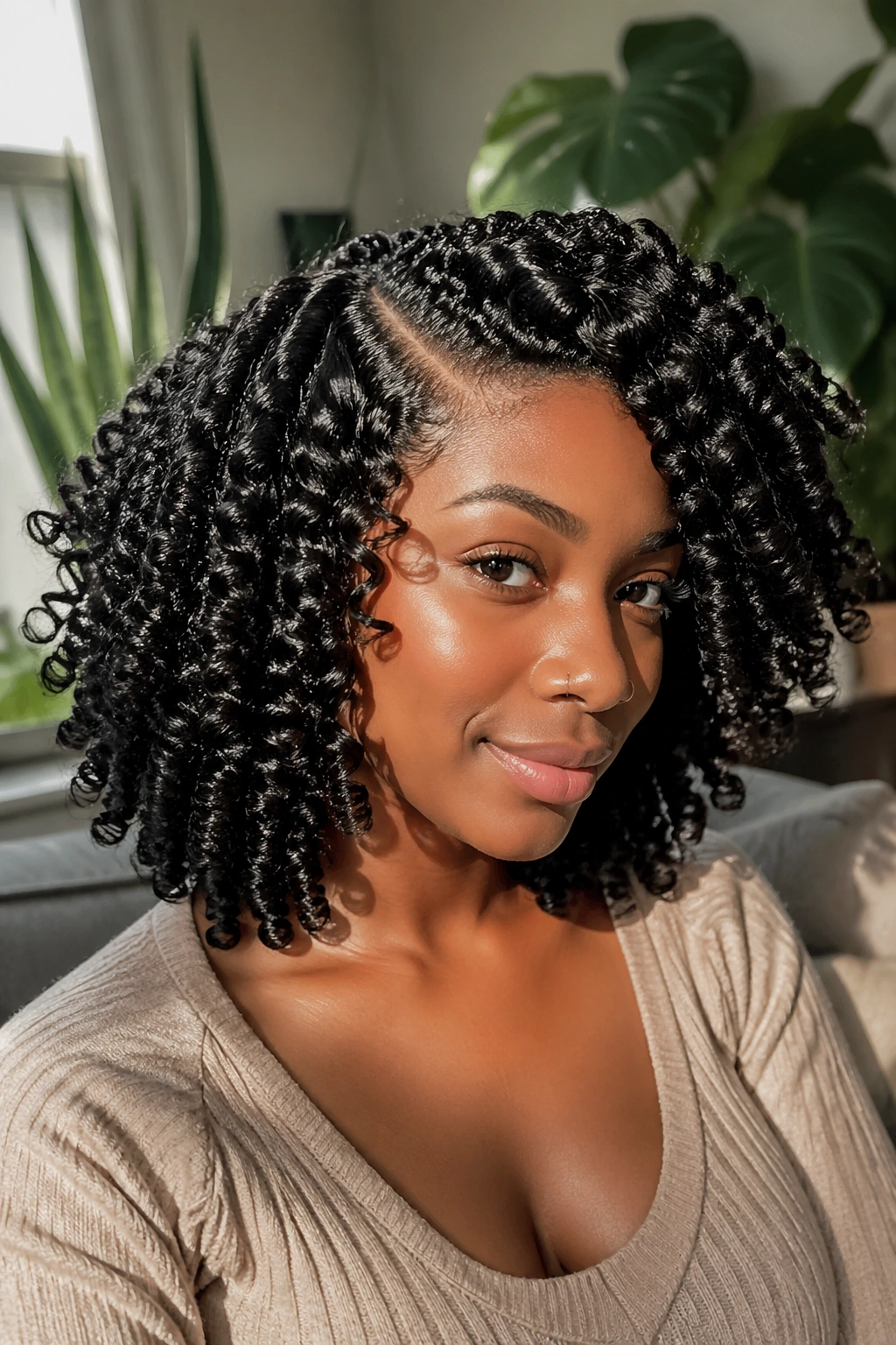 Close-up of a real woman with spiral curls from a Bantu knot-out, side-part visible.