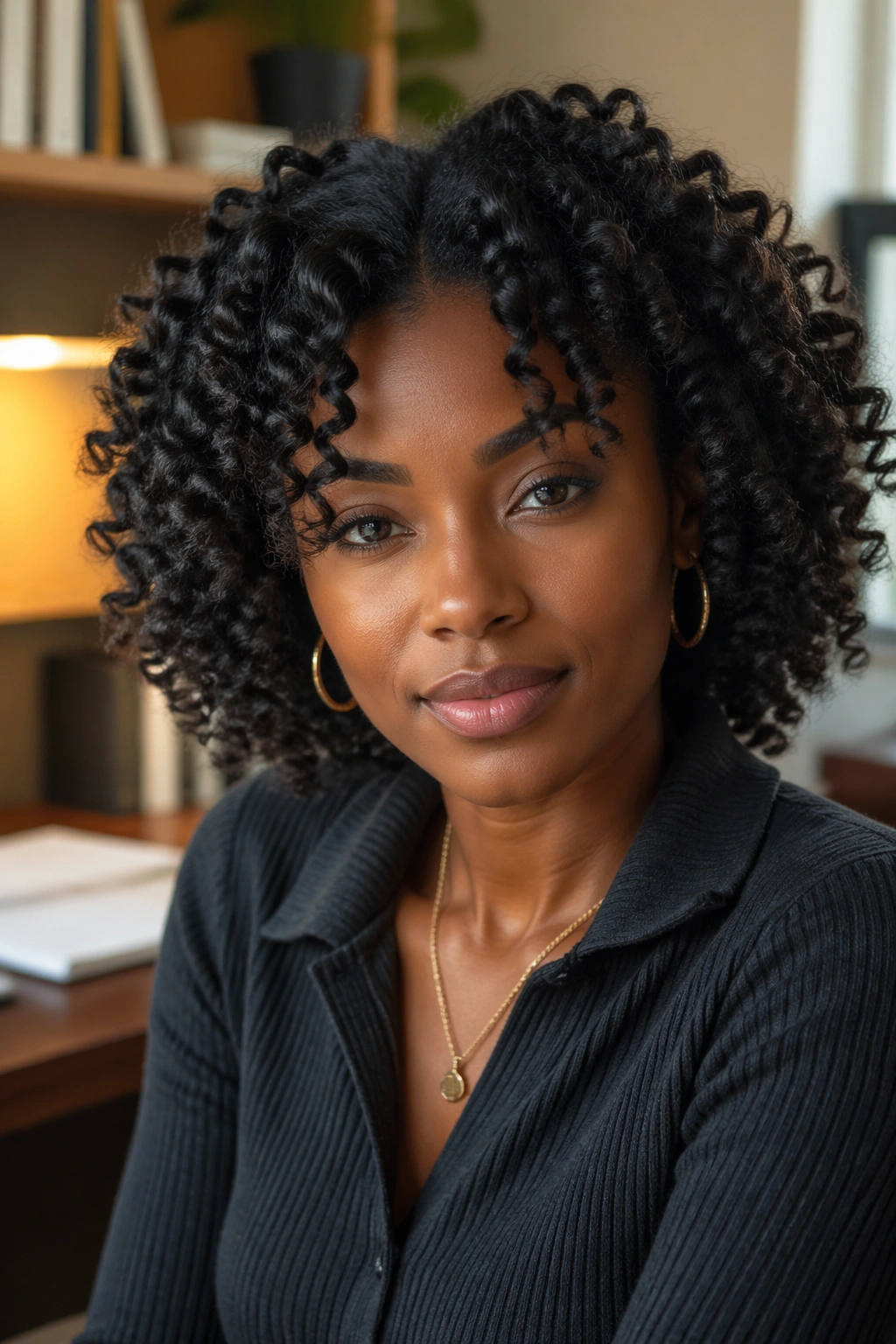 Portrait of a real woman with bantu knot-out showing soft defined curls around the face.
