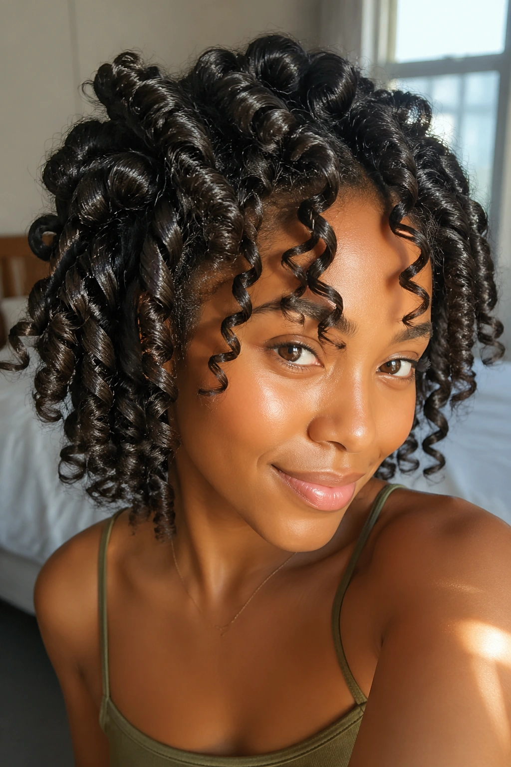 Close-up of a real woman with spiral curls from Bantu knots