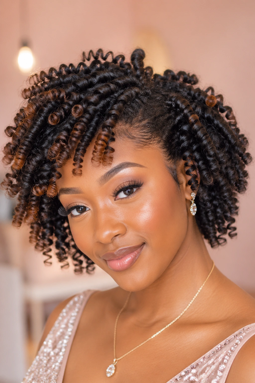 Real woman with spiral curls from a Bantu knot-out in warm indoor light.