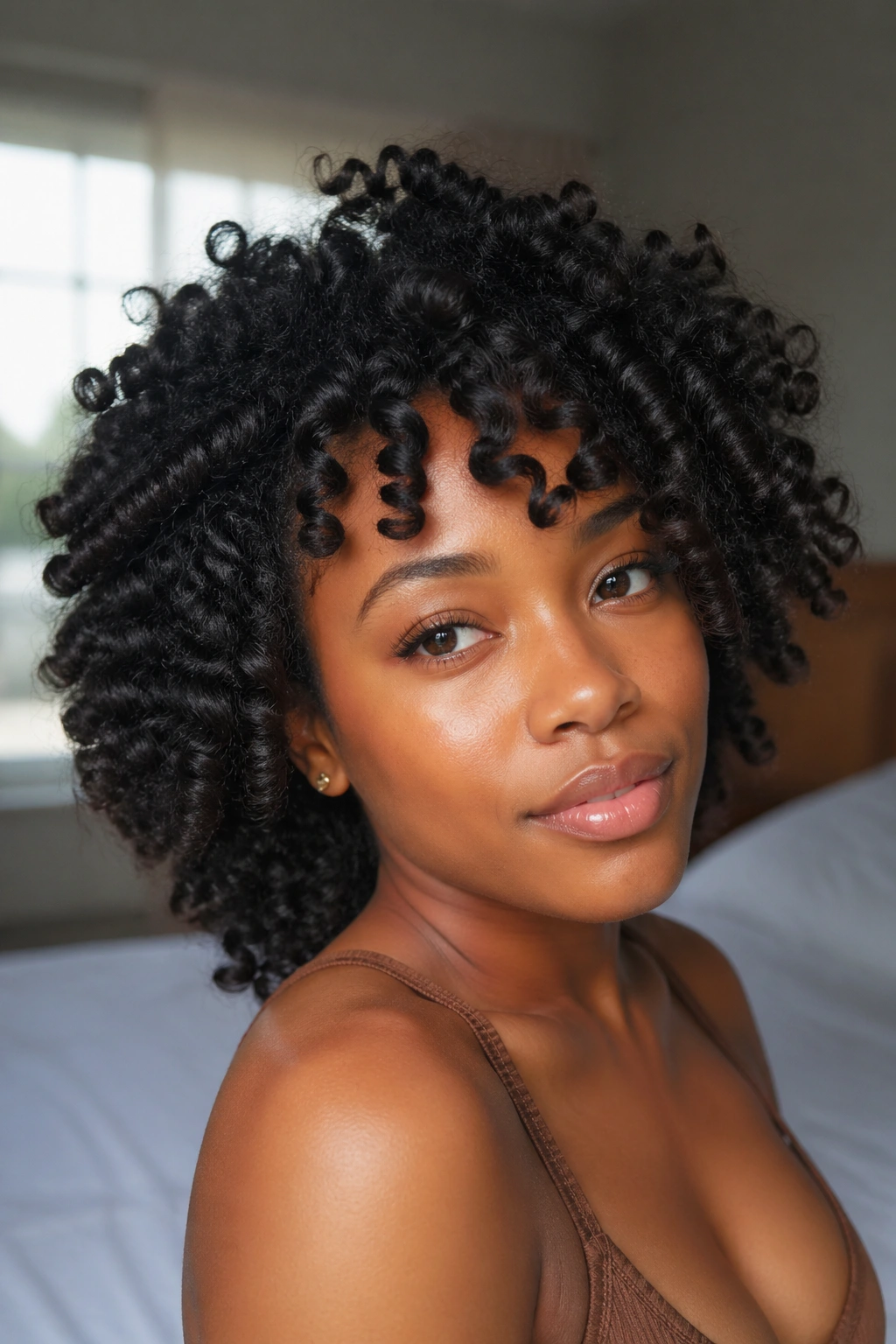 Close-up of a real woman with Bantu knot-out S curls in a sunlit bedroom.