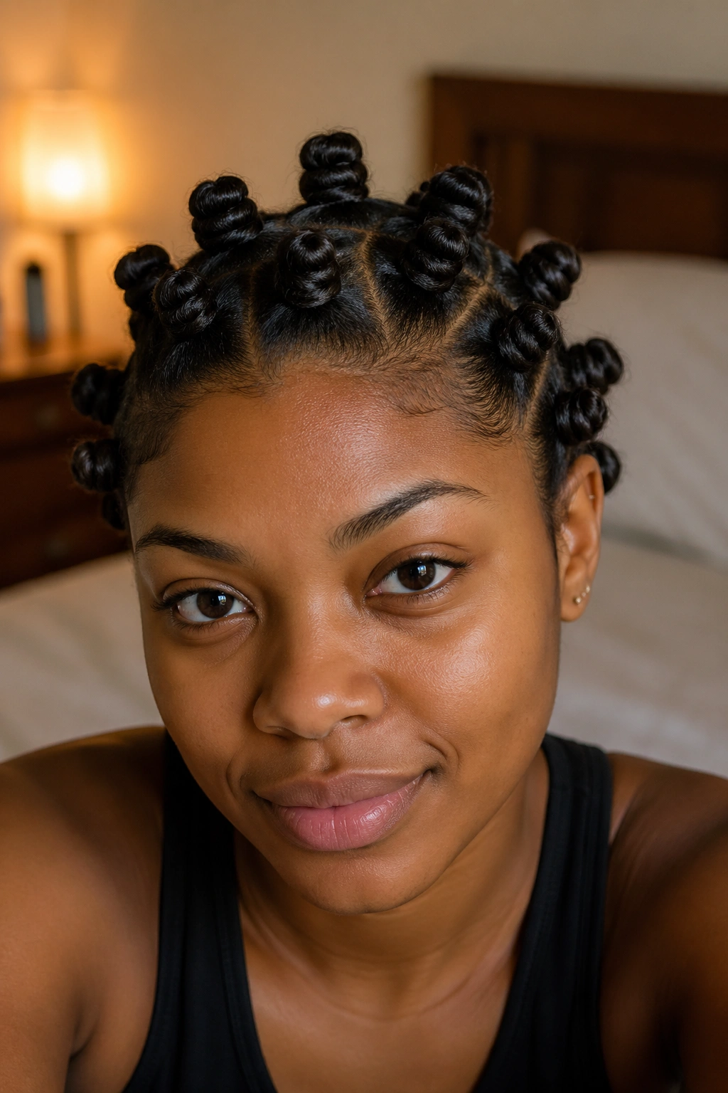 Close-up of a real woman with multiple Bantu knots on the head
