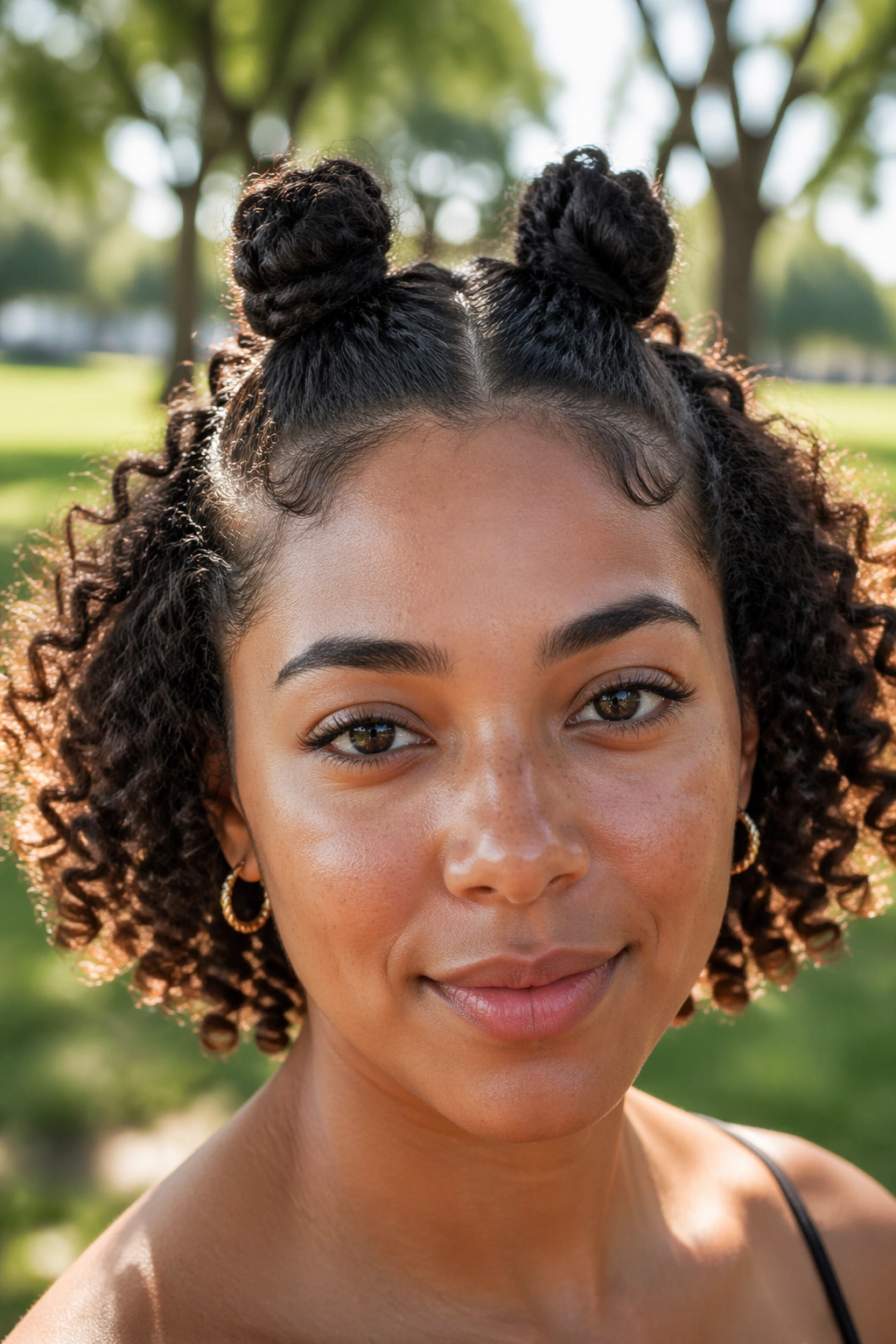Close-up of a real woman with two tiny bantu knots on the crown.