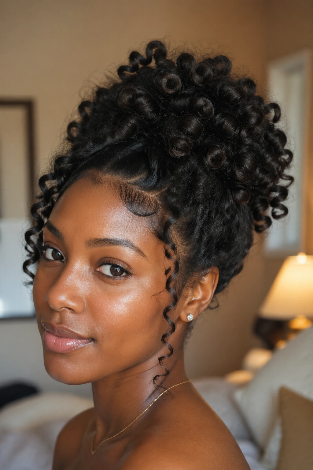 Close-up of a real woman with a Bantu knot out updo showing coils and a soft updo