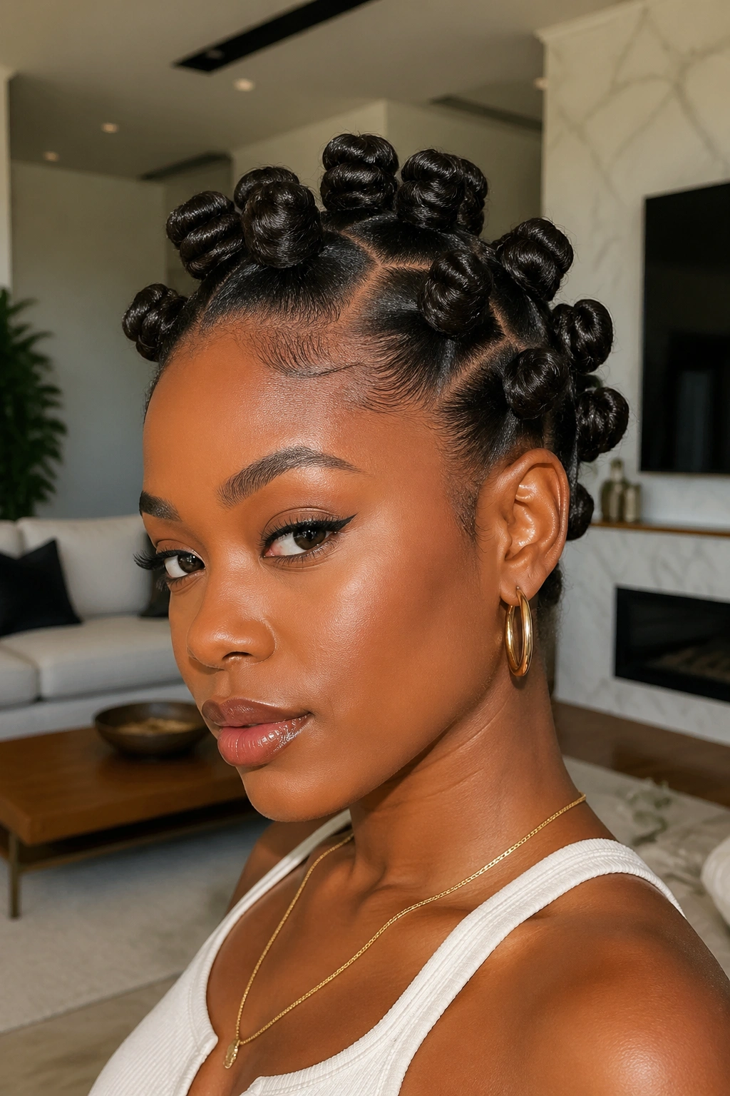 Close-up of a woman with neat Bantu knots forming a high crown