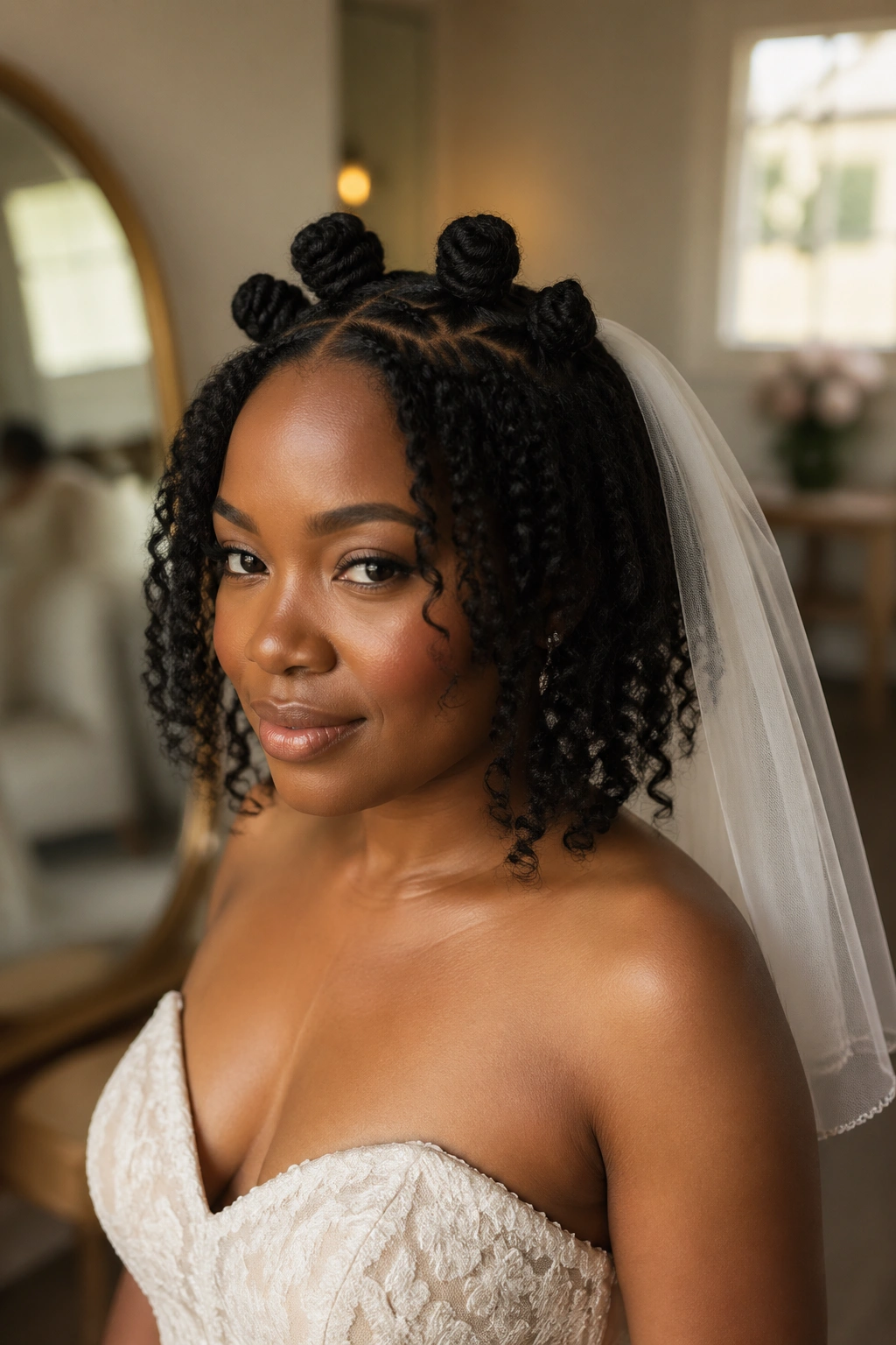 Close-up of a bride's head showcasing Bantu knots with a short veil