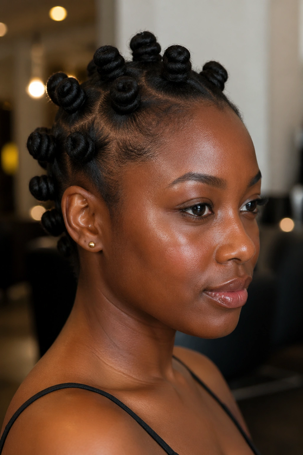 Close-up of African hair style with bantu knots on very short 4C hair