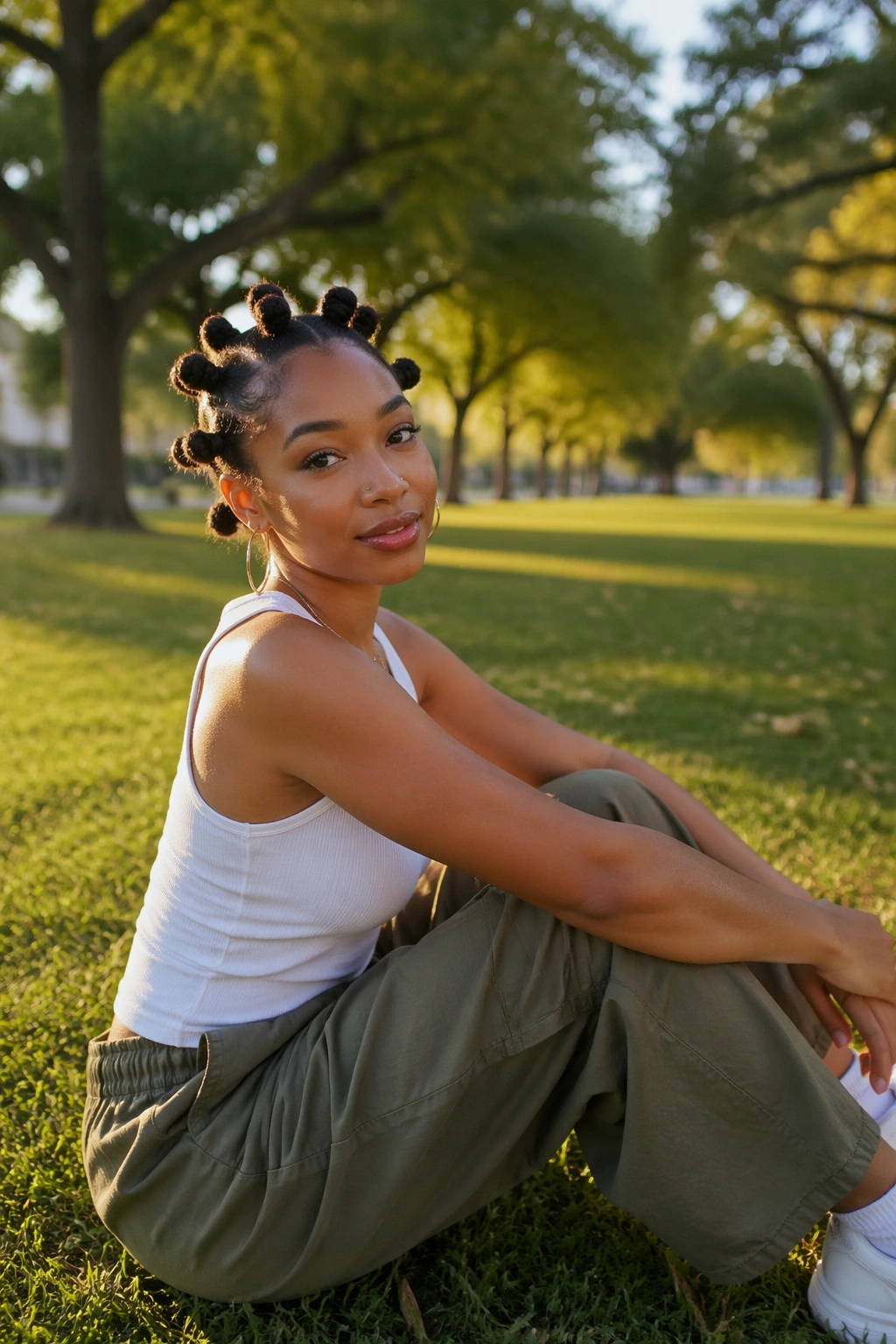 Hero shot of bantu knots outdoors in golden hour light
