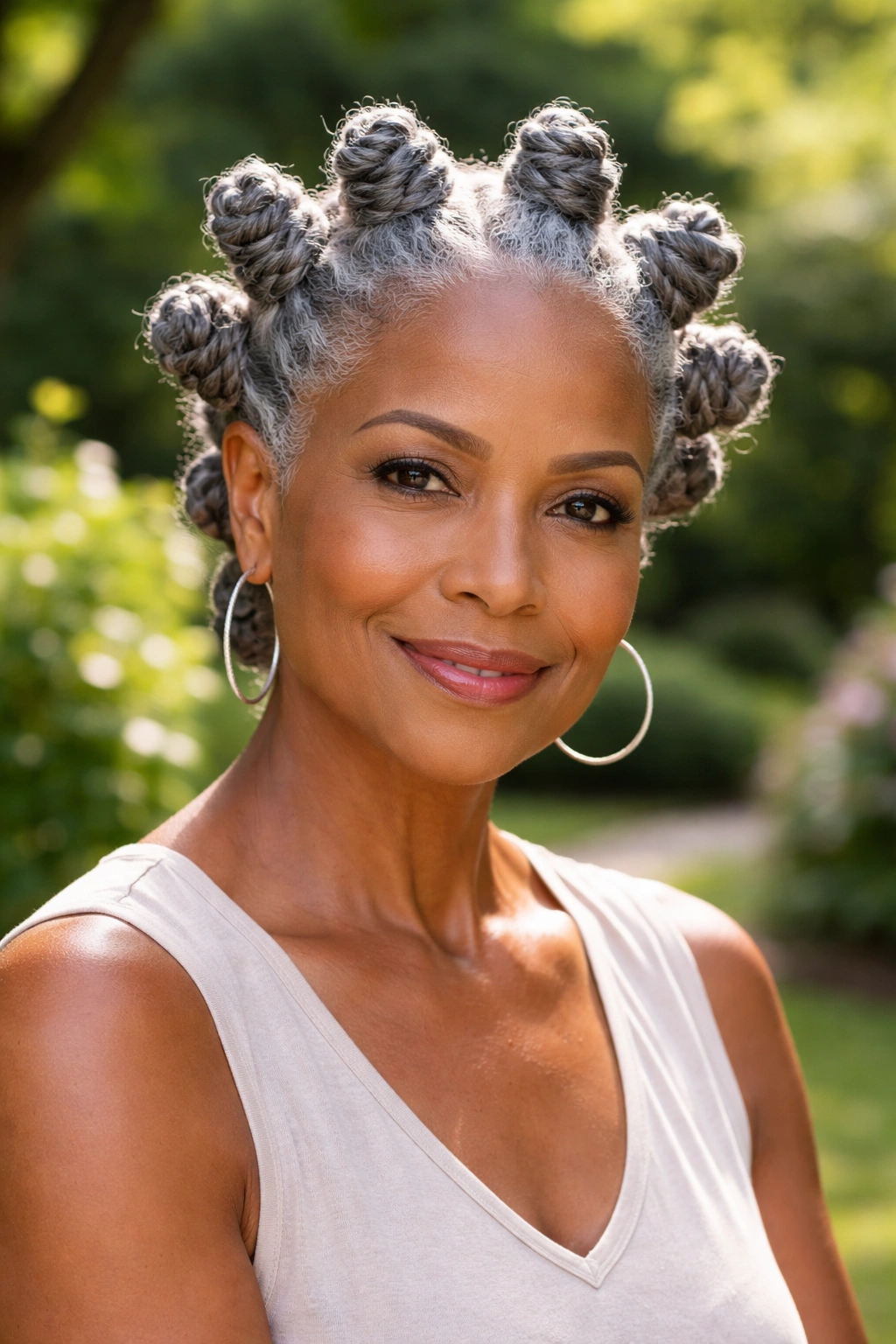Close-up of a real woman with grey Bantu knots catching sunlight