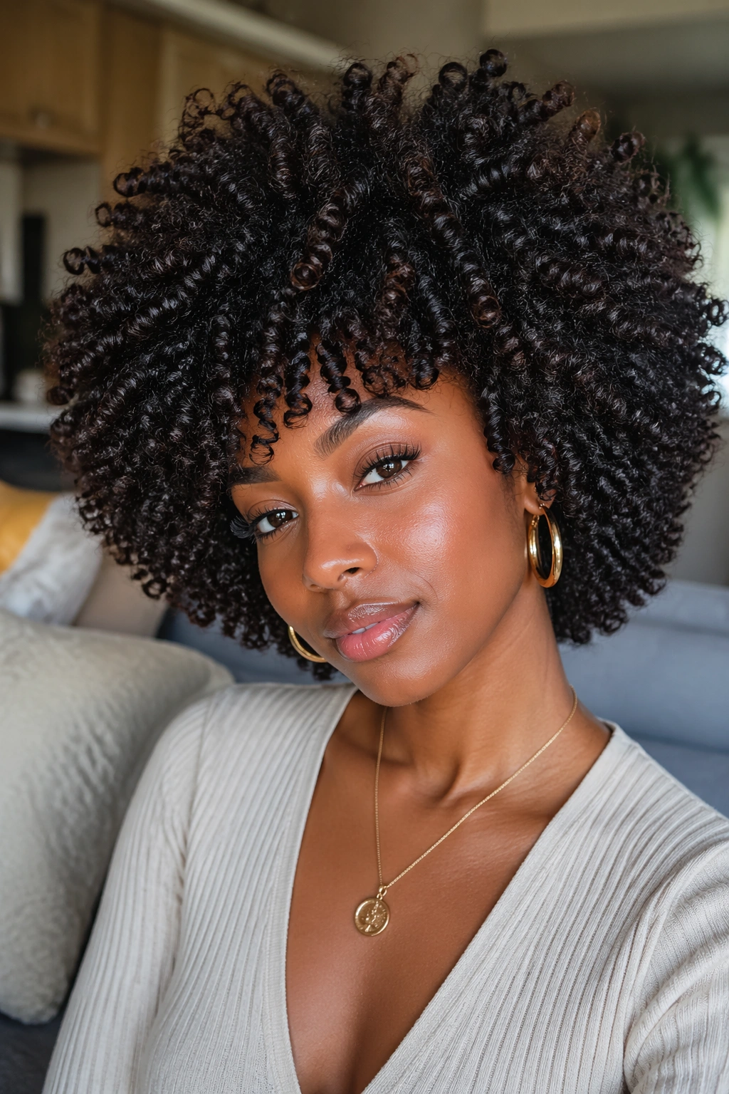 Close-up of bantu knots out Afro with defined curls