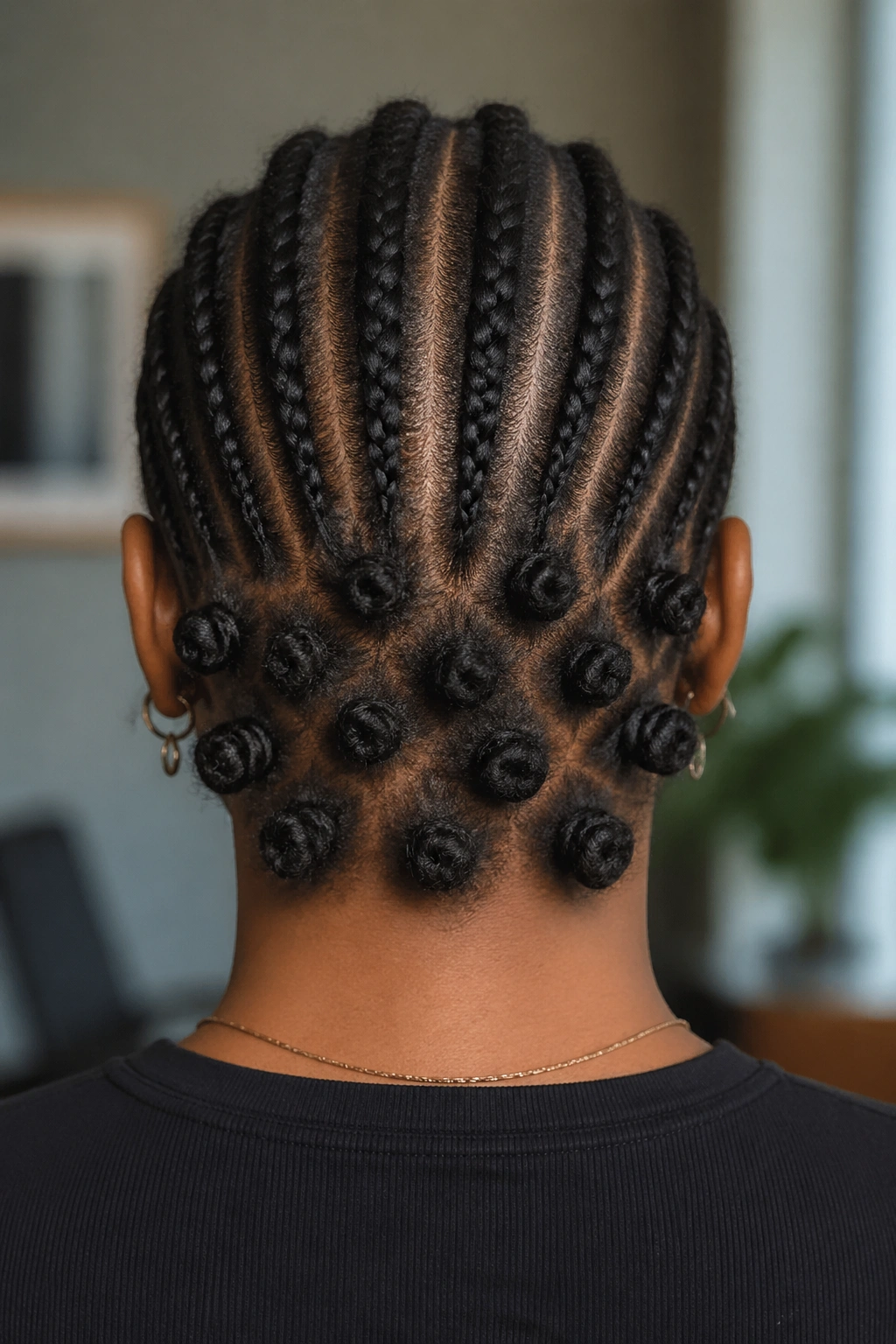 Back view of a real woman's head with half cornrows and bantu knots on the back