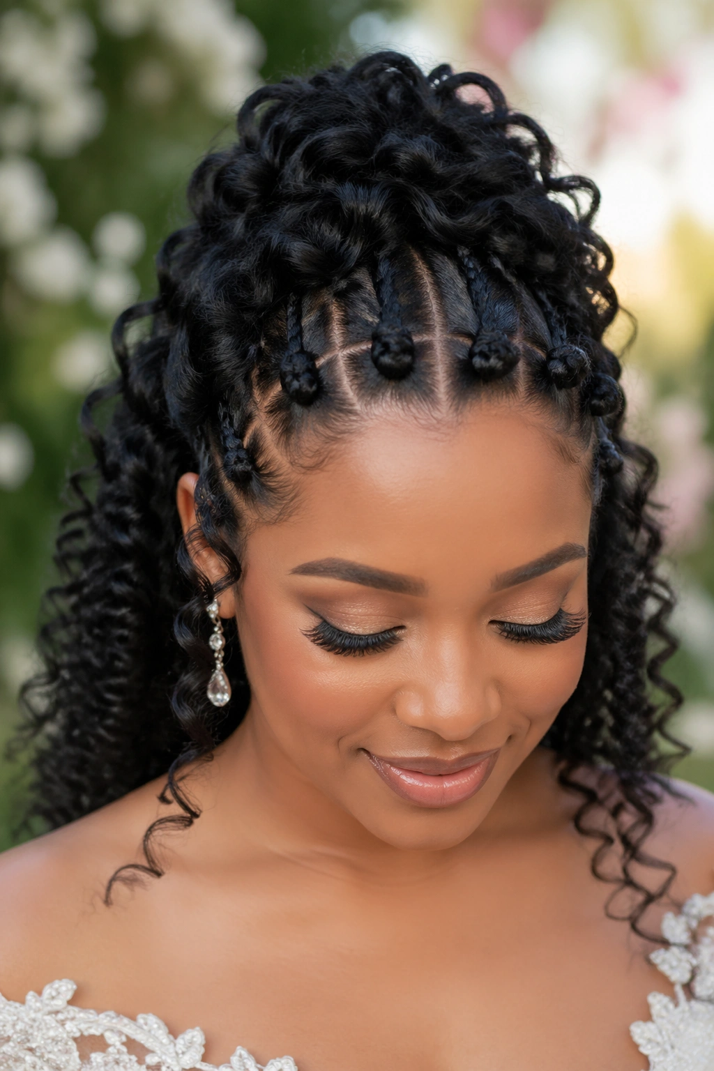 Front Bantu knot row on a real woman with half-up crown hairstyle.