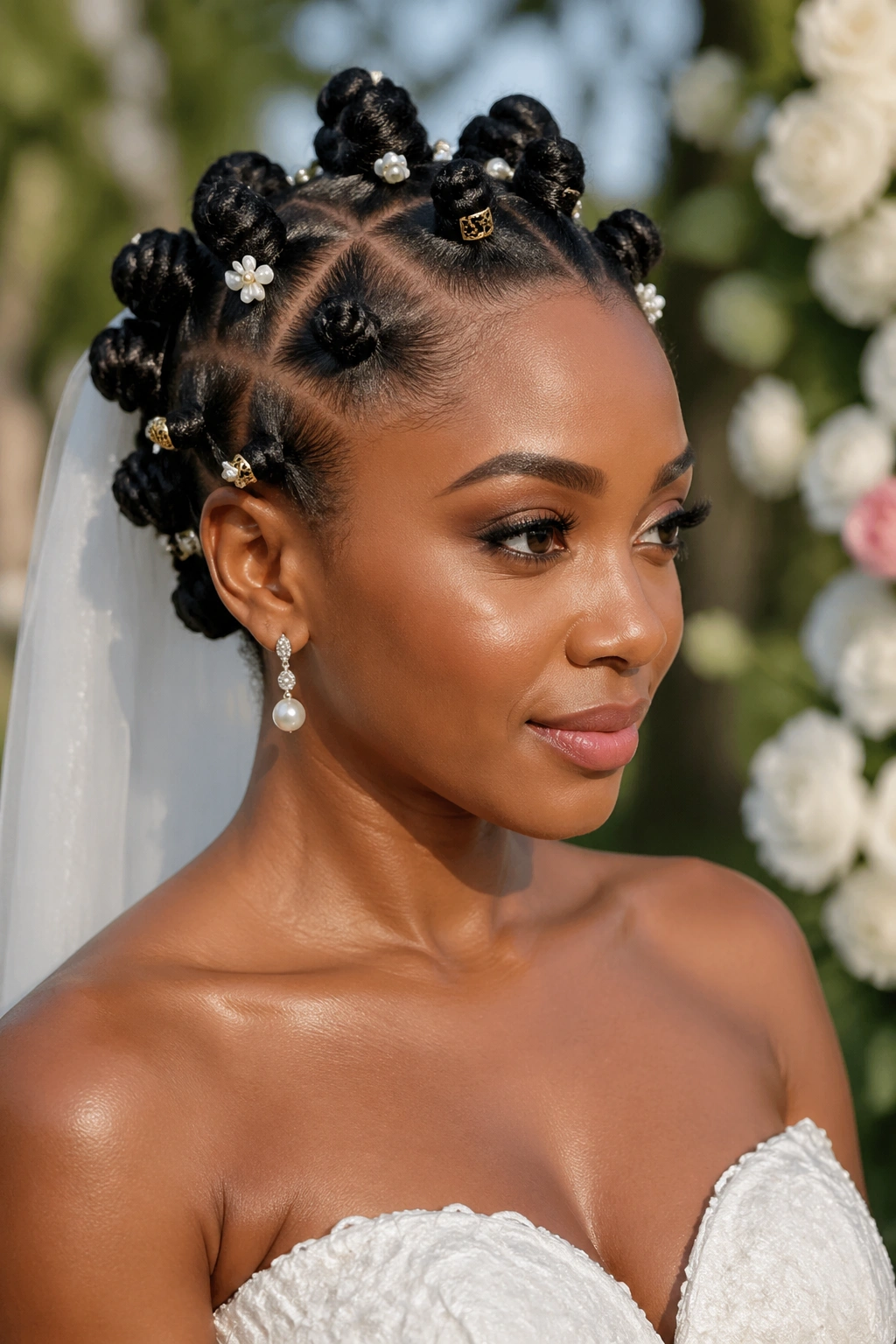 Close-up of a bride wearing bantu knot hairstyle with pearl pins