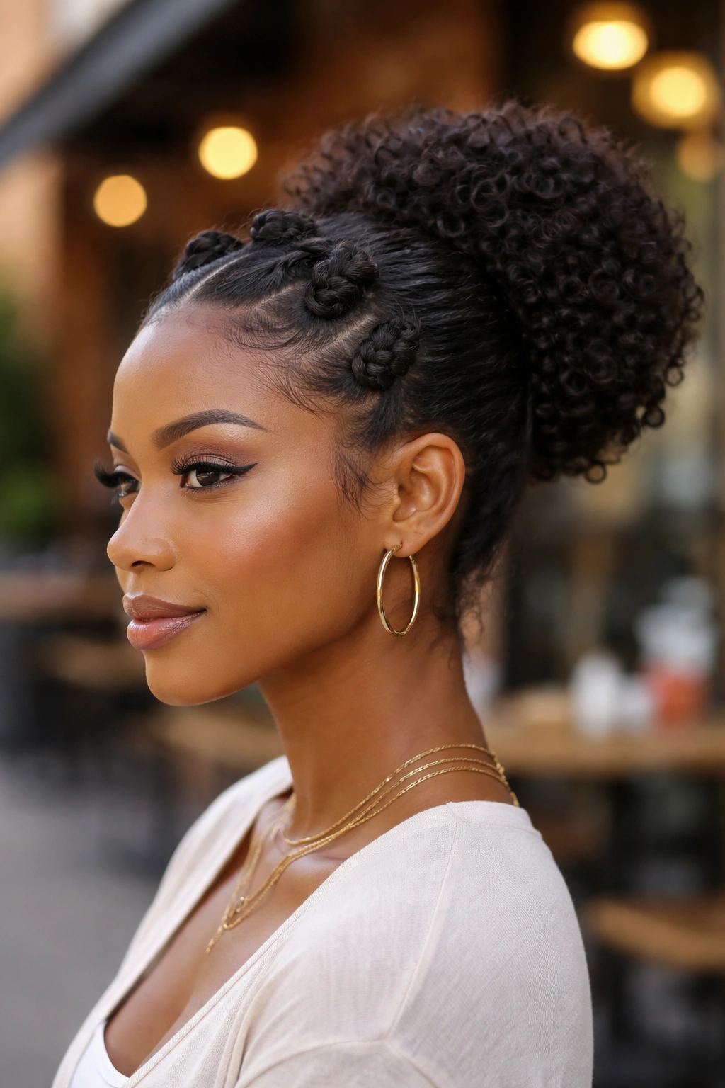 Close-up of a real person showing front Bantu knots and a back bun.
