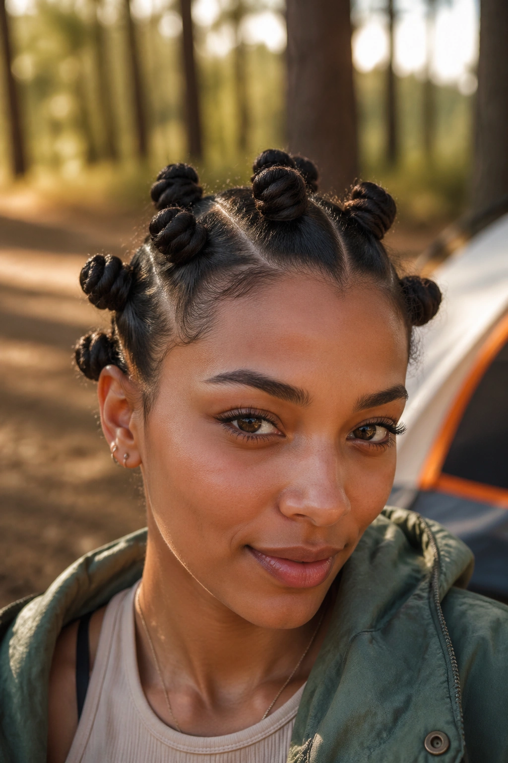 Close-up of a real person with Bantu knots at a campsite.