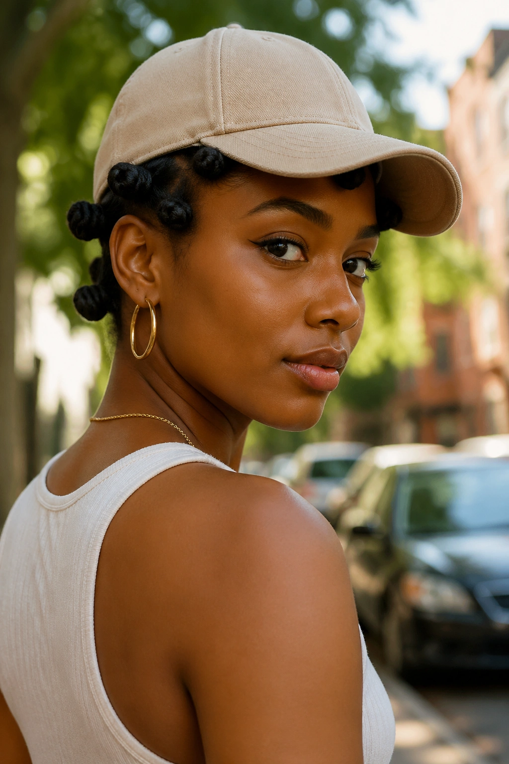 Close-up portrait of a real person wearing a cap with bantu knots around the crown, front knots tucked under the brim.