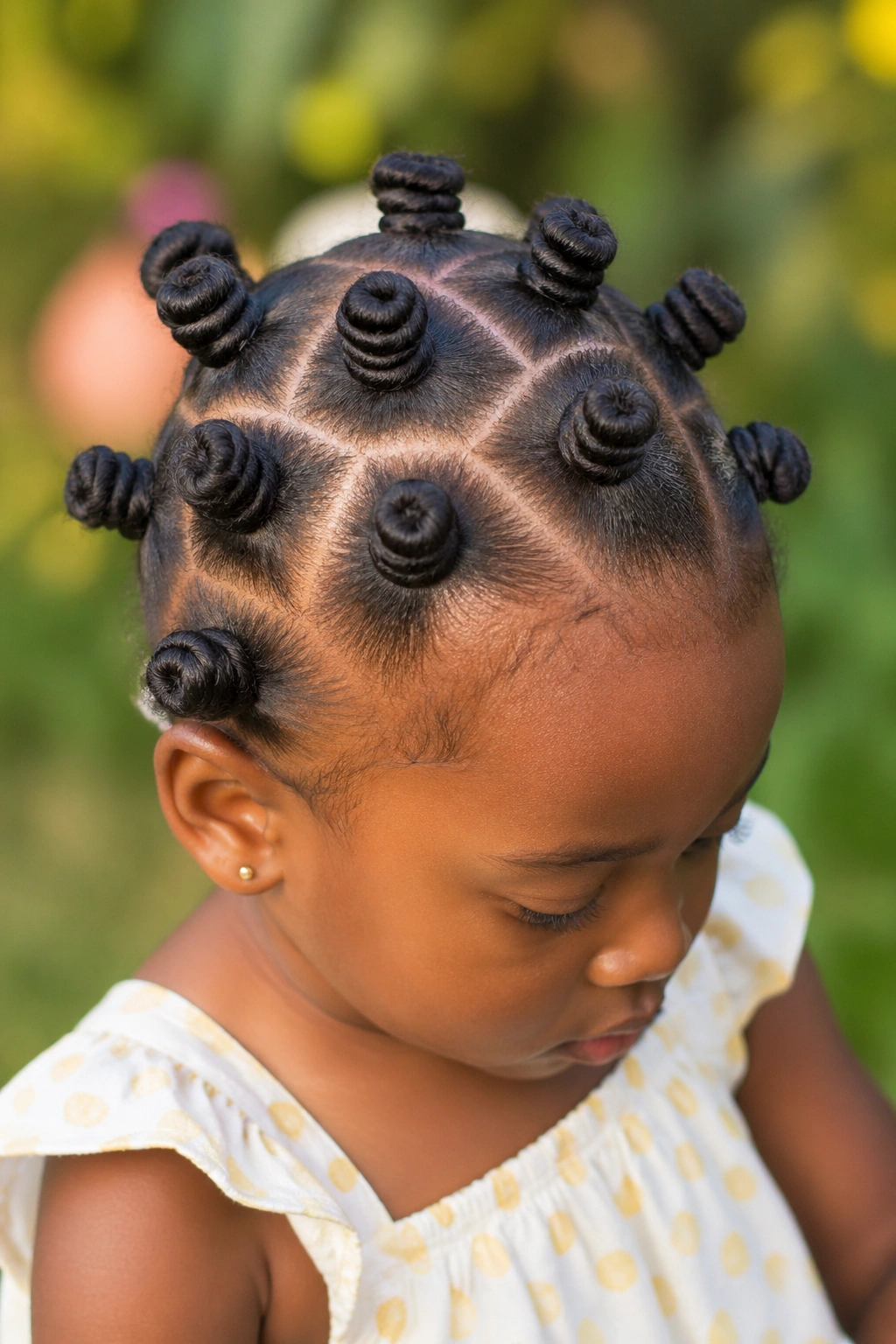 Close-up of a child’s head with multiple Bantu knots