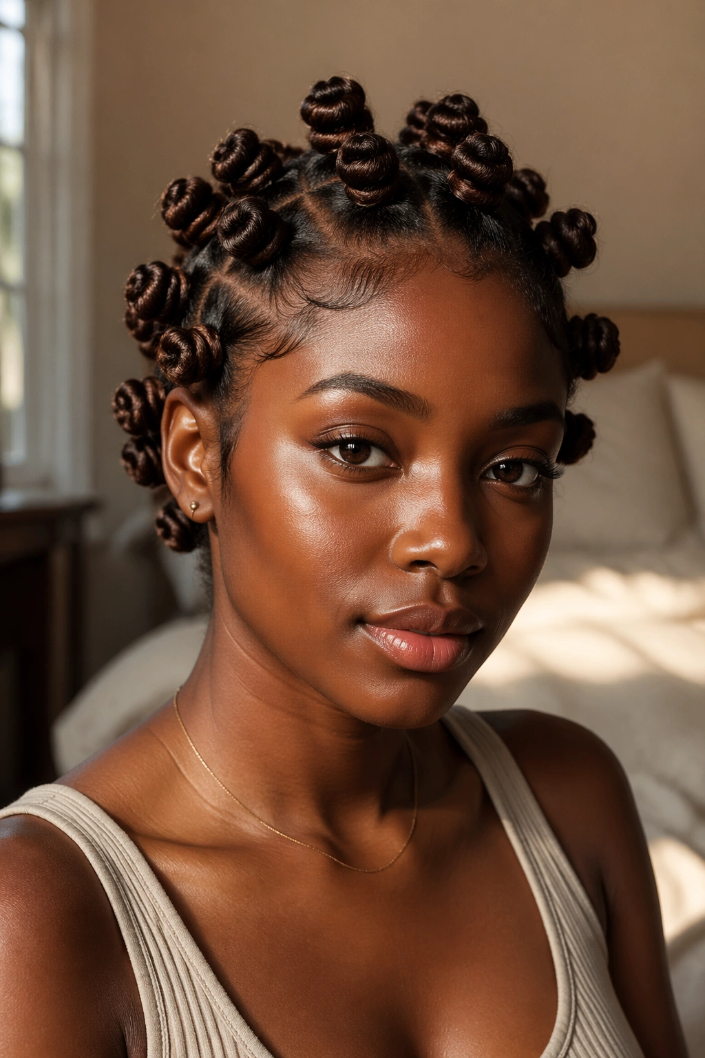 Close-up of a real woman with chocolate-brown Bantu knots filling the frame