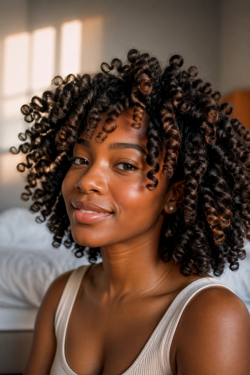 Close-up of a real woman with bantu knots and soft coil shape