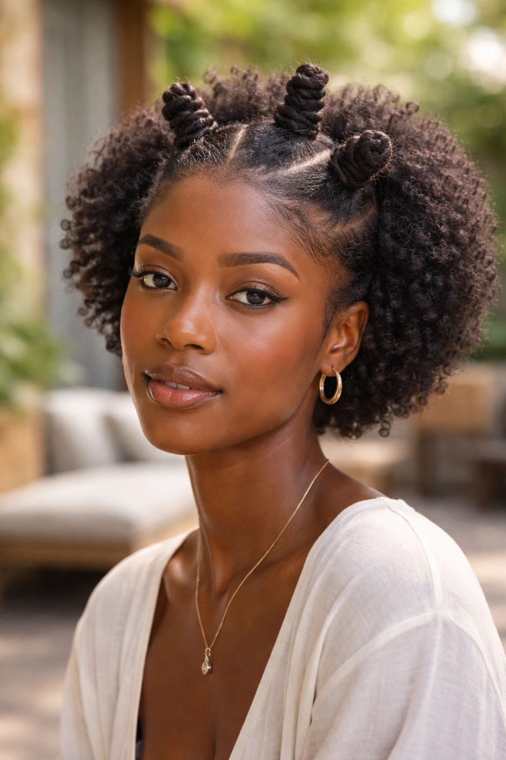 Close-up of a real person with Bantu knots at the crown and a loose small afro.