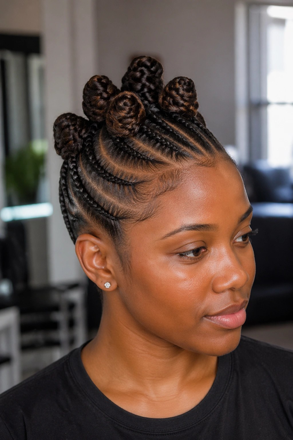 Close-up crown of a real person showing five to seven small Bantu knots atop cornrowed sides.