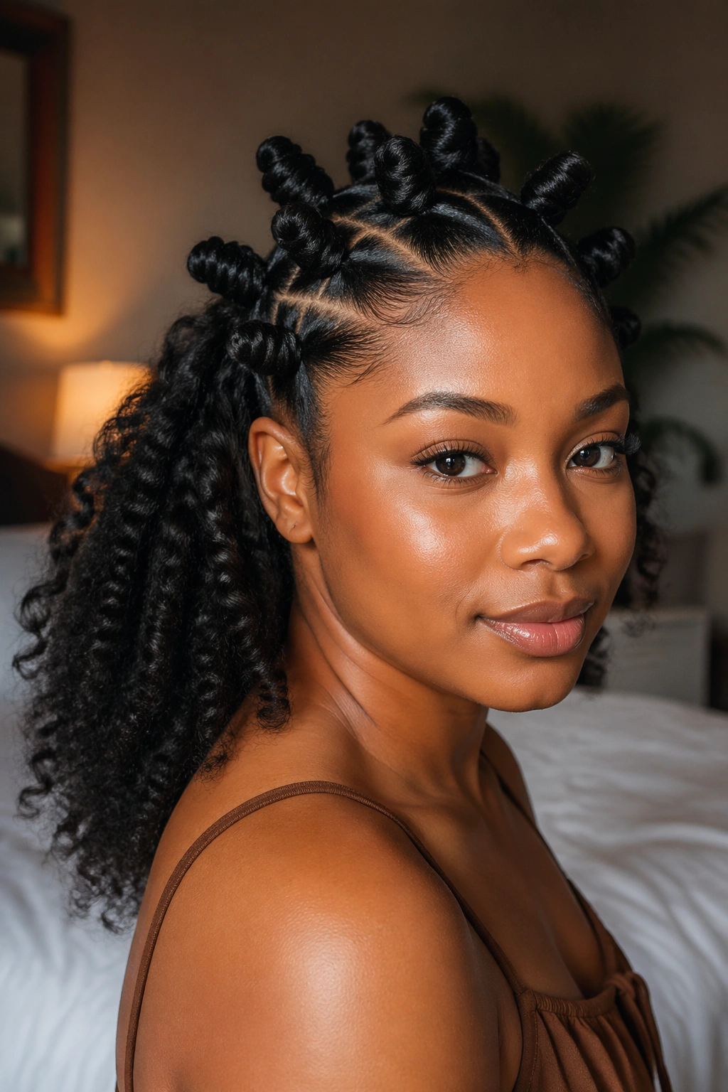Bantu knot crown with loose half ponytail on a real Black woman.