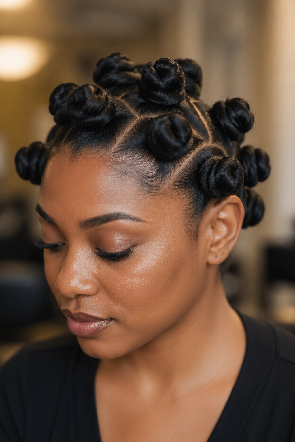 Close-up of a real Black woman with bantu knot-out hairstyle