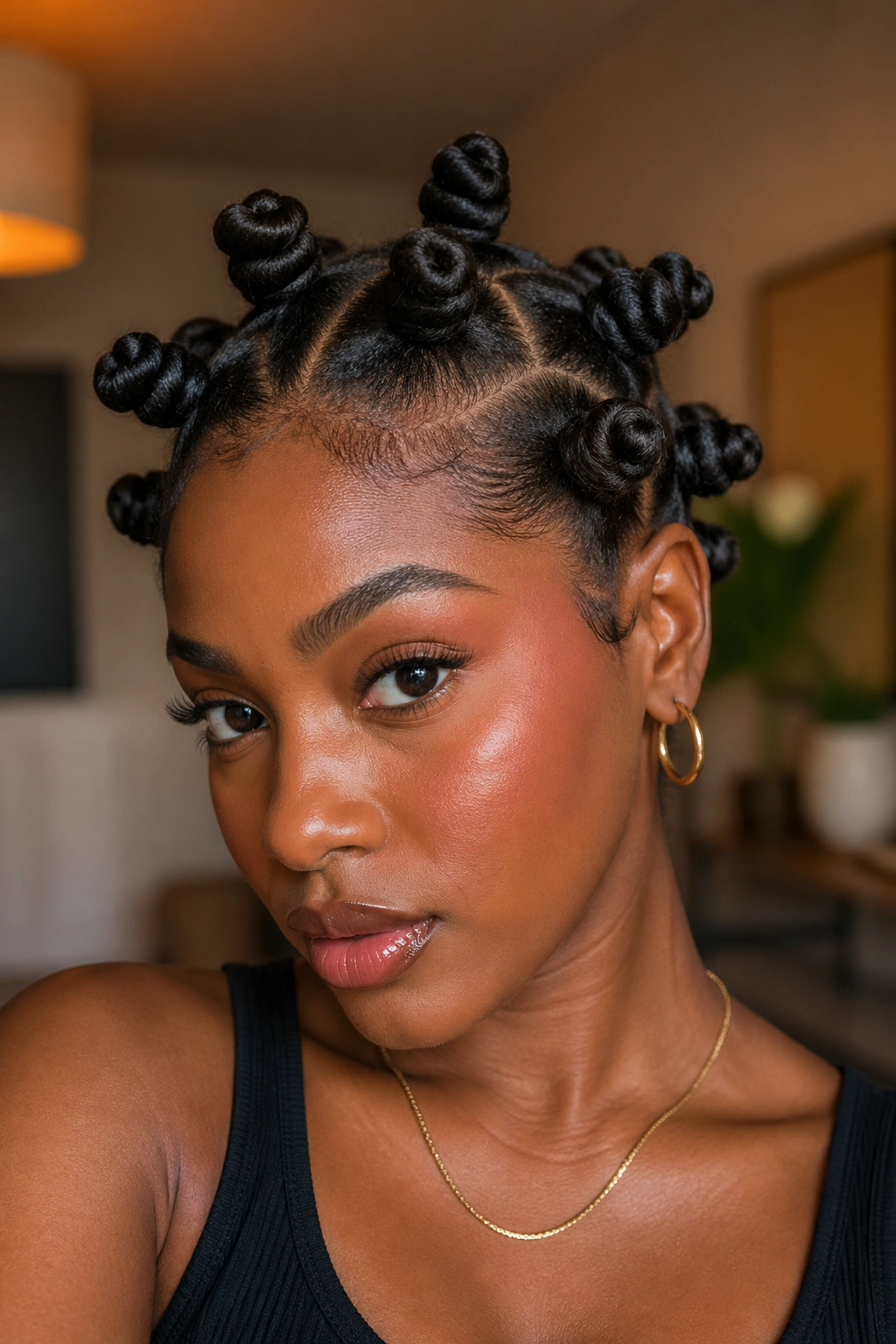 Real person with neat bantu knots for a dramatic look