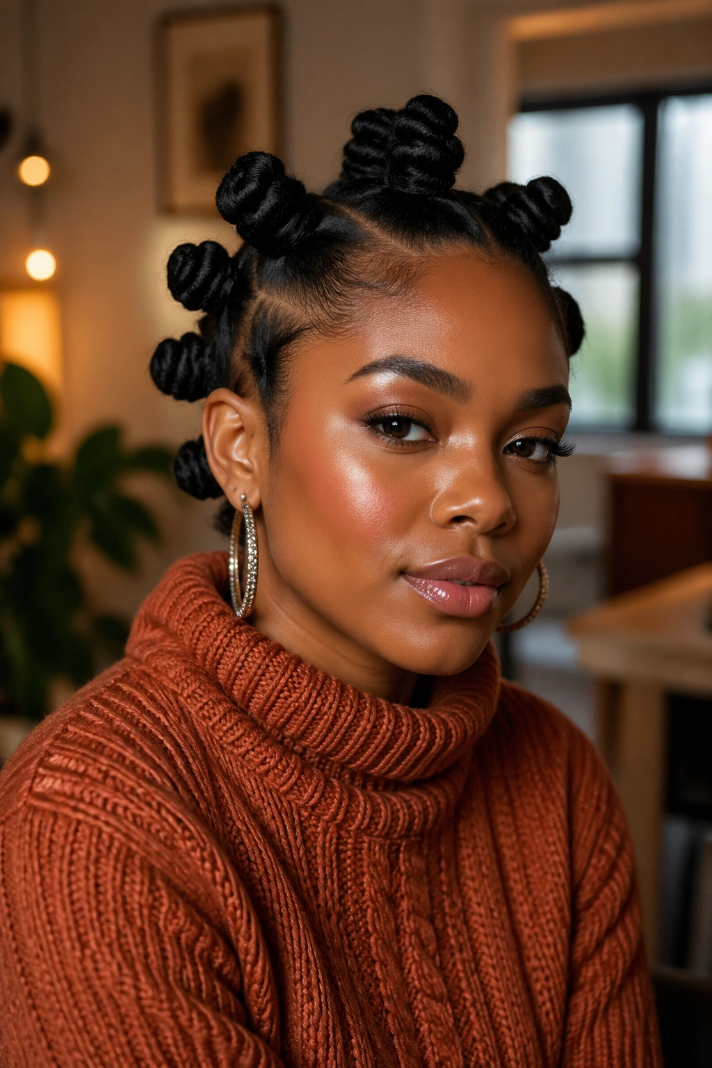 Real person with neatly formed bantu knots in warm indoor light.