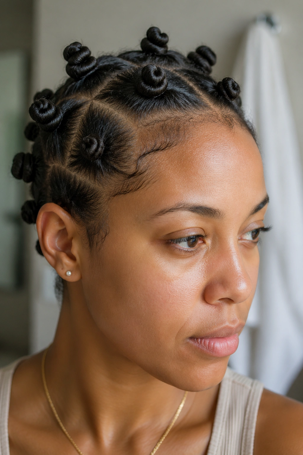 Close-up of a real person with neat bantu knots on fine curls under soft morning light