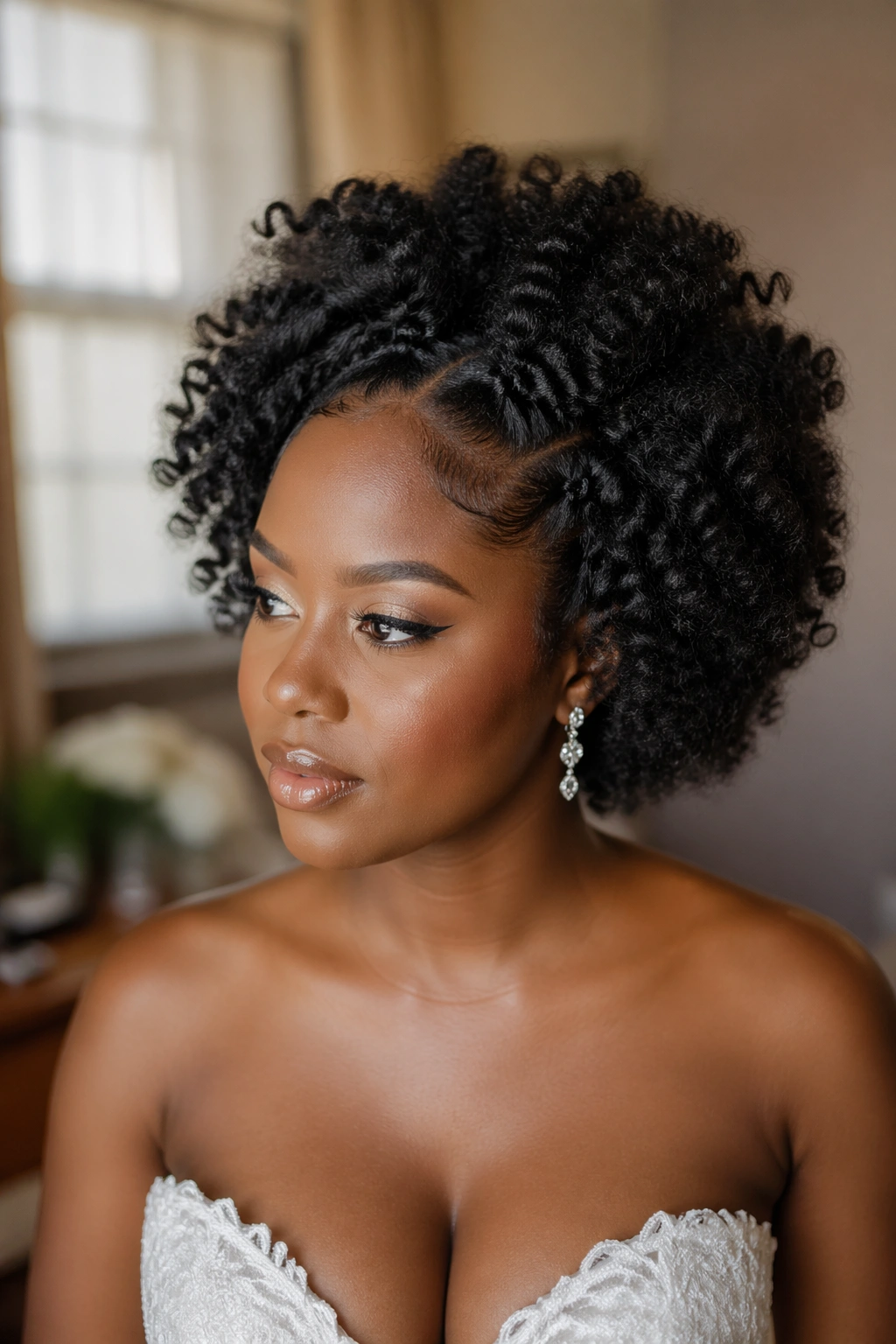 Close-up portrait of a real woman with Bantu knots out into a fluffy curly shape