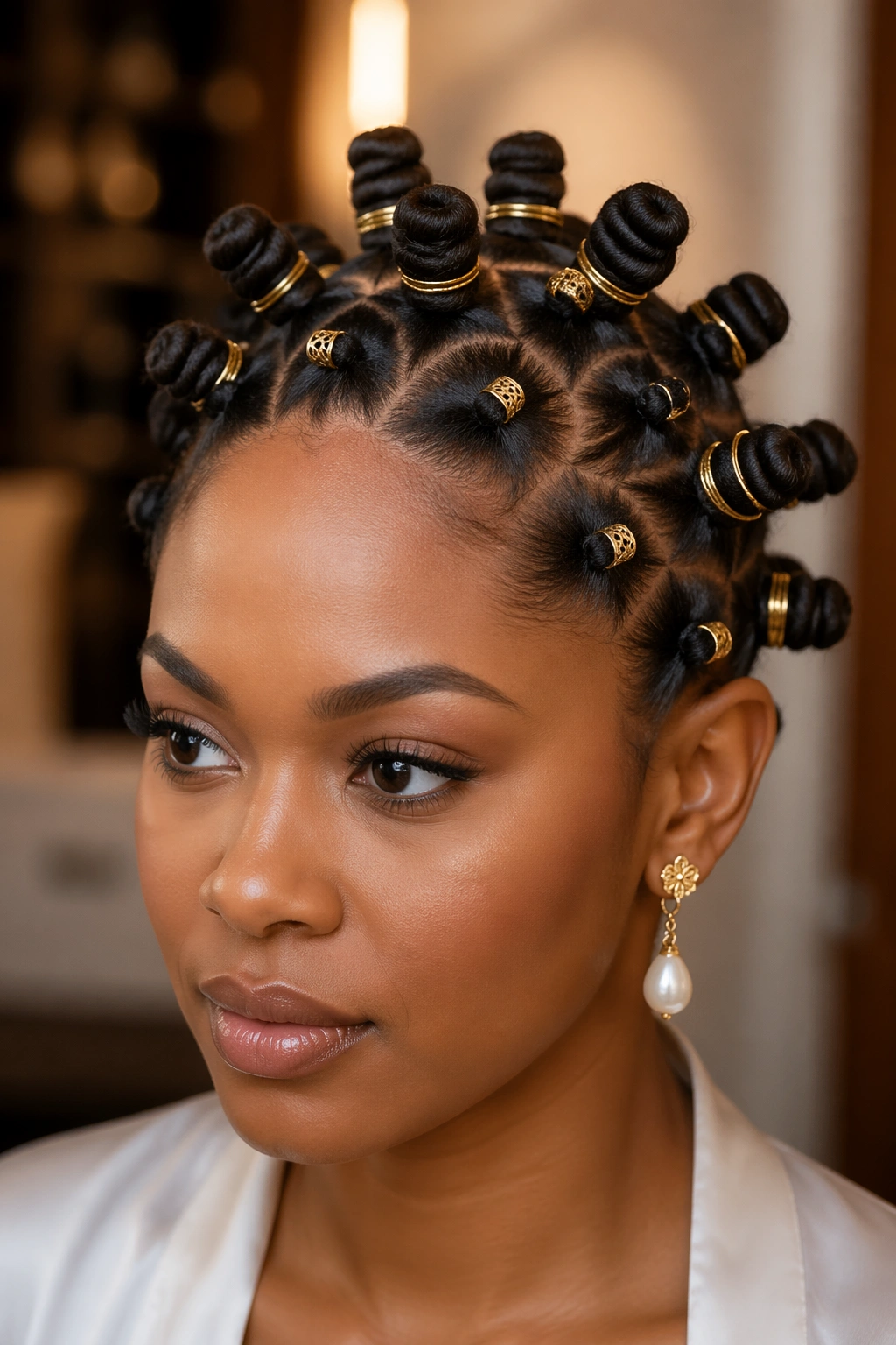 Close-up of a bride with geometric bantu knots and gold accessories