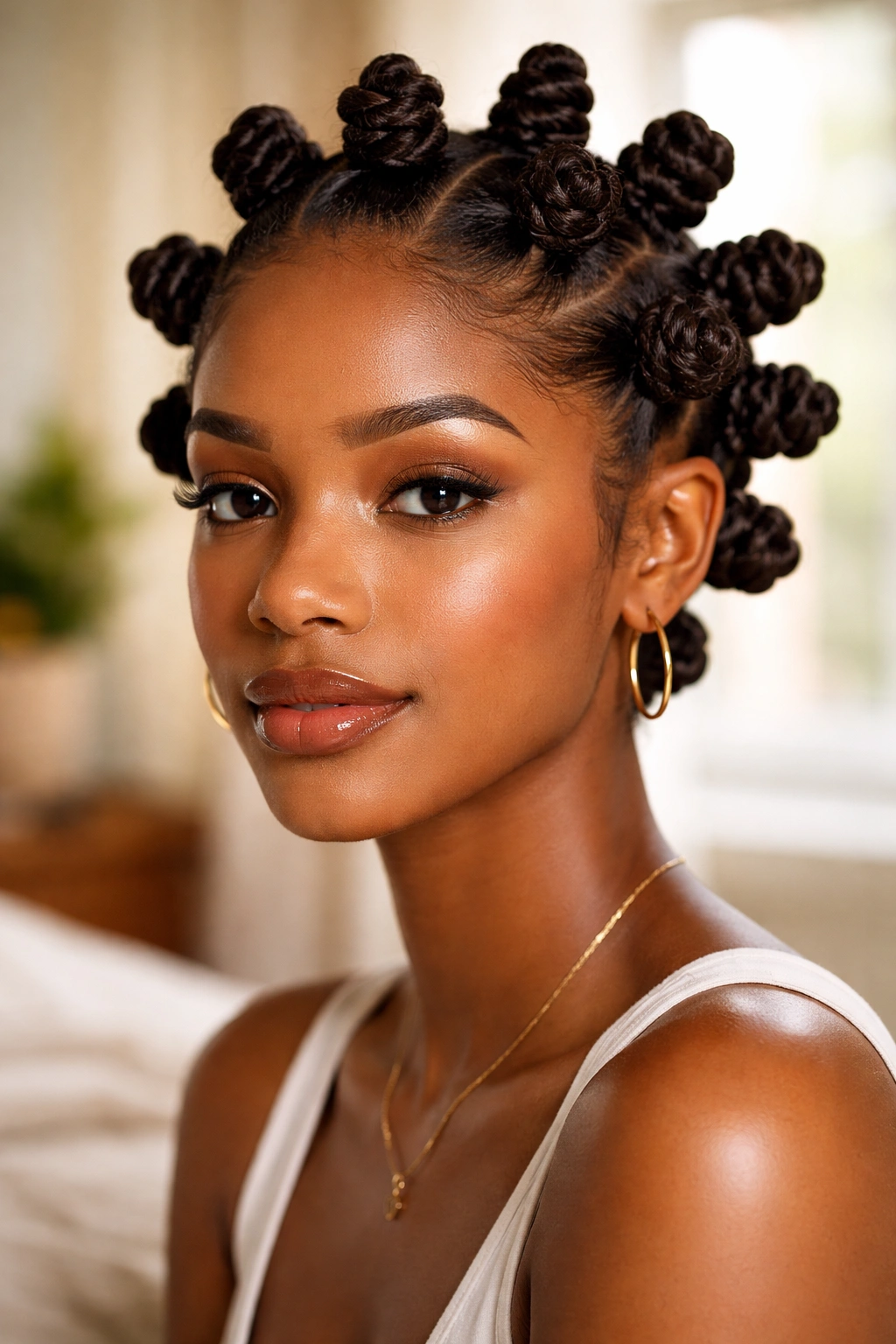 Close-up of a real woman with bantu knots on her head.