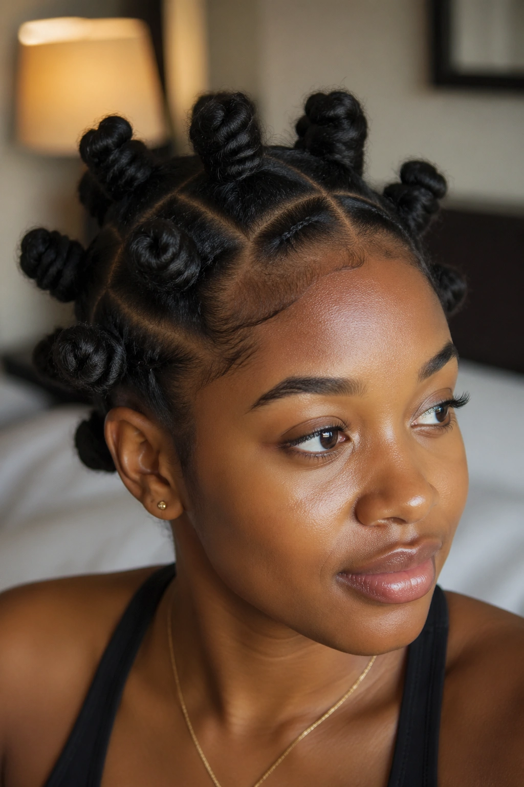 Close-up headshot of a real woman with bantu knots