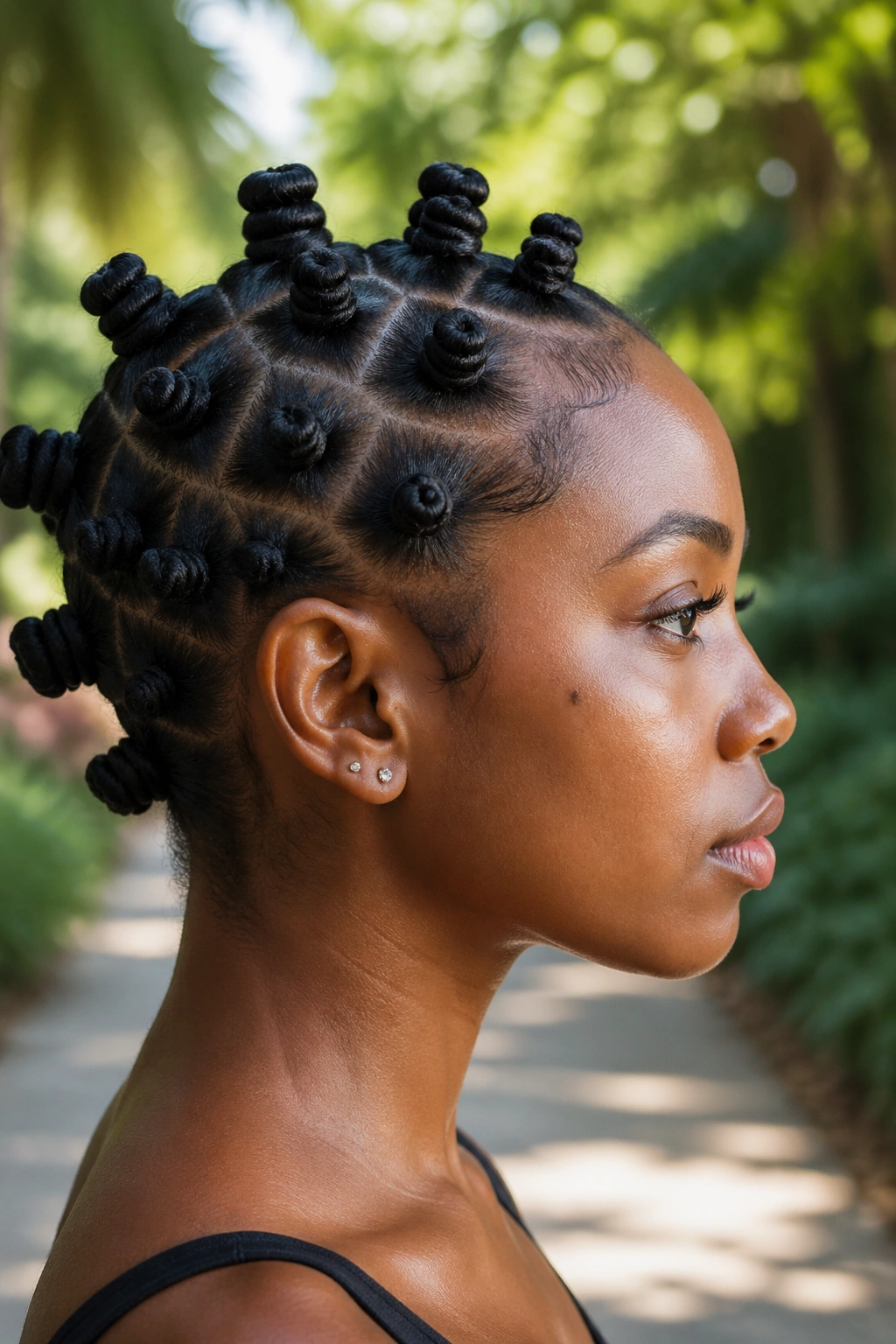 Side profile of a real woman showcasing Bantu knots on outdoors garden path