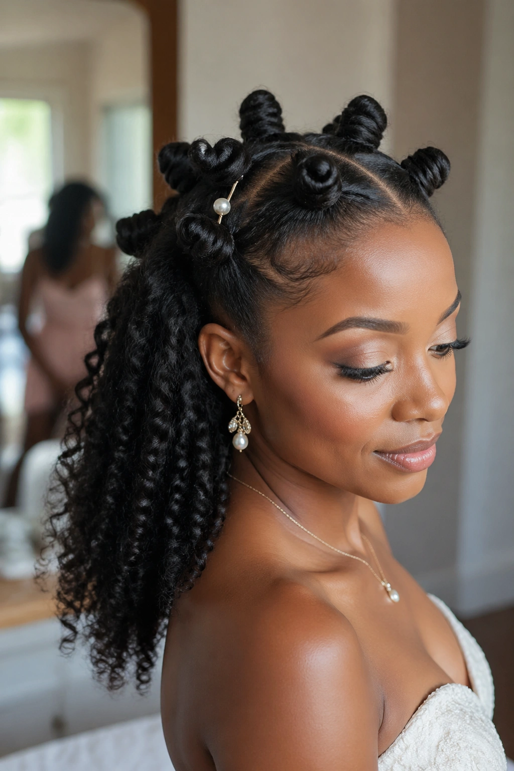 Close-up of crown Bantu knot half-style on a real woman with pearl pin in bridal suite lighting.