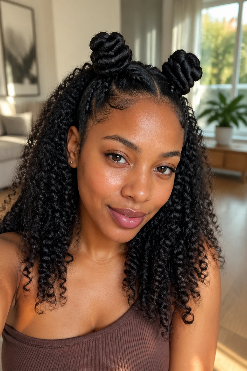 Close-up of real person with two bantu knots on top and loose hair below