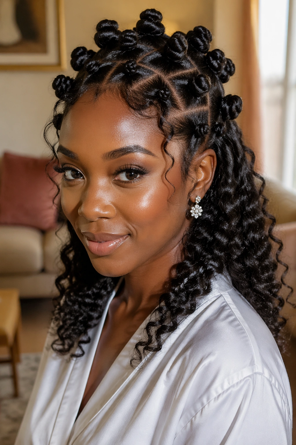 Close-up of a real Black woman with bantu knots half-up and curly ends