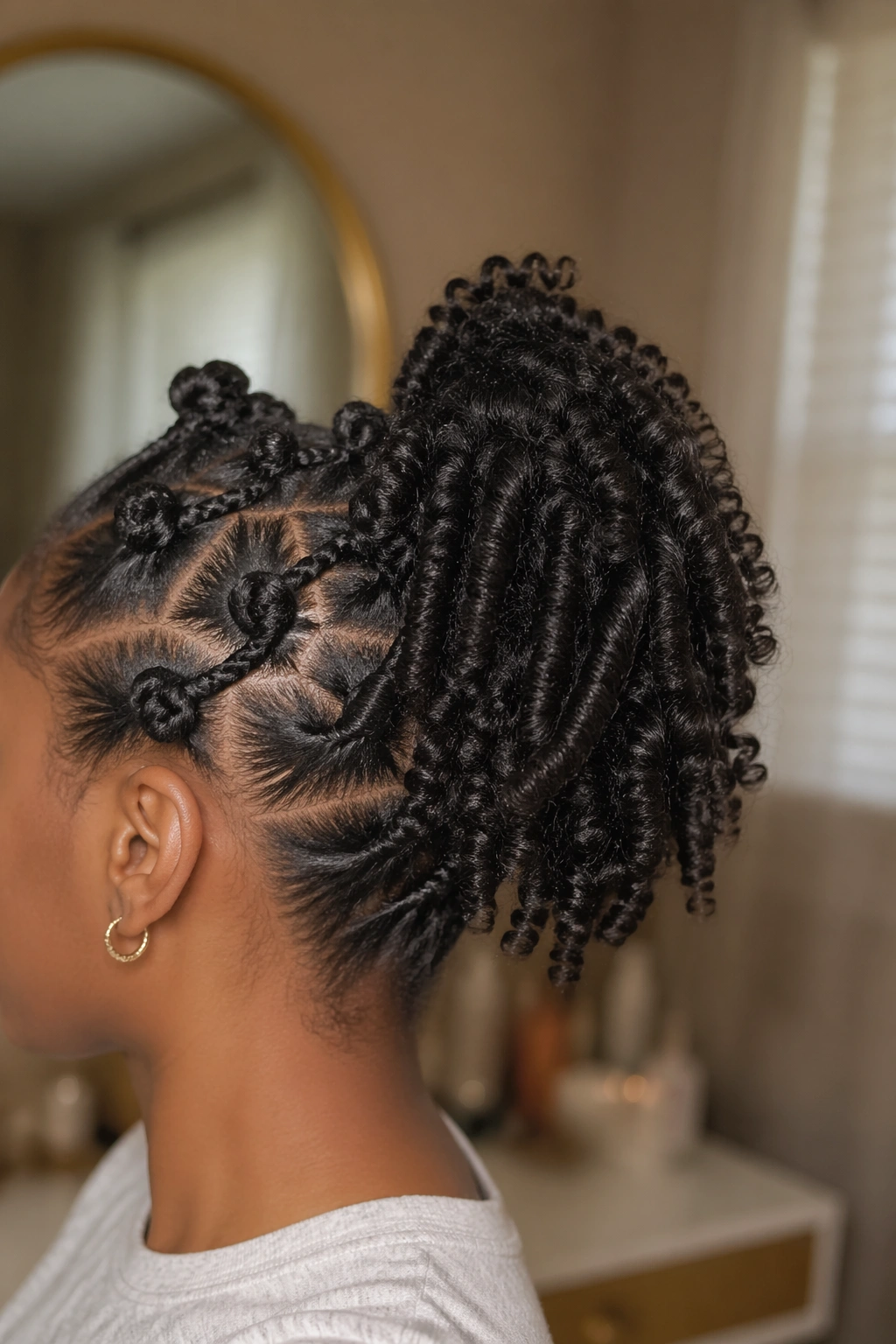 Close-up of knot-out curls in a mid ponytail.