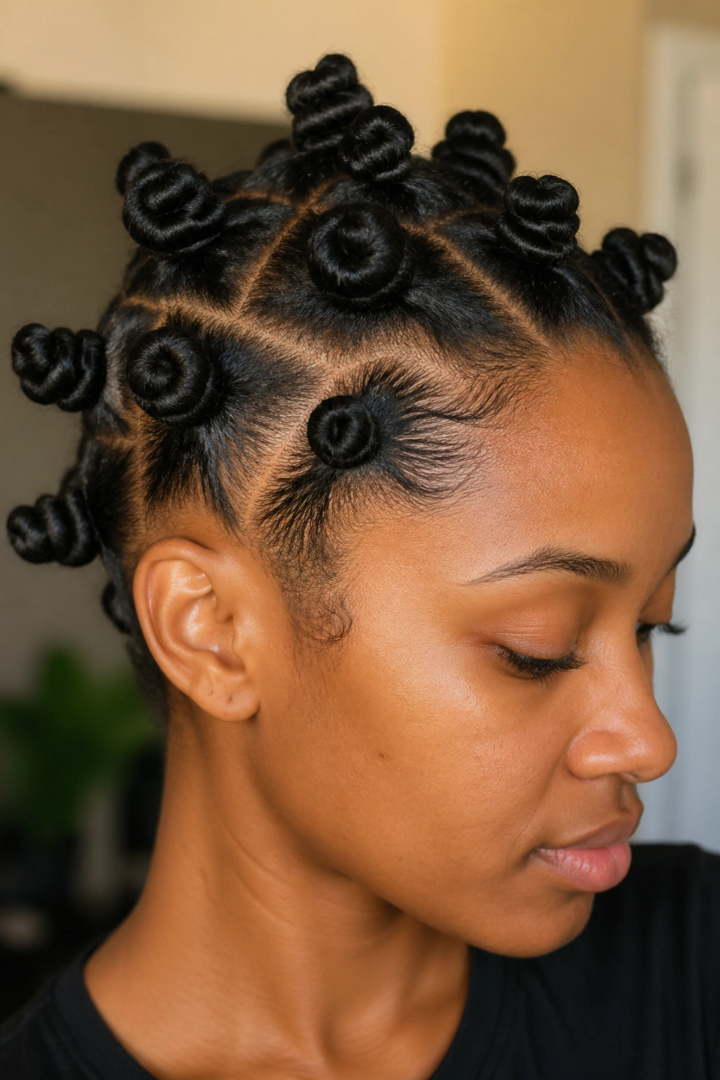 Close-up of a real woman wearing bantu knots on the head