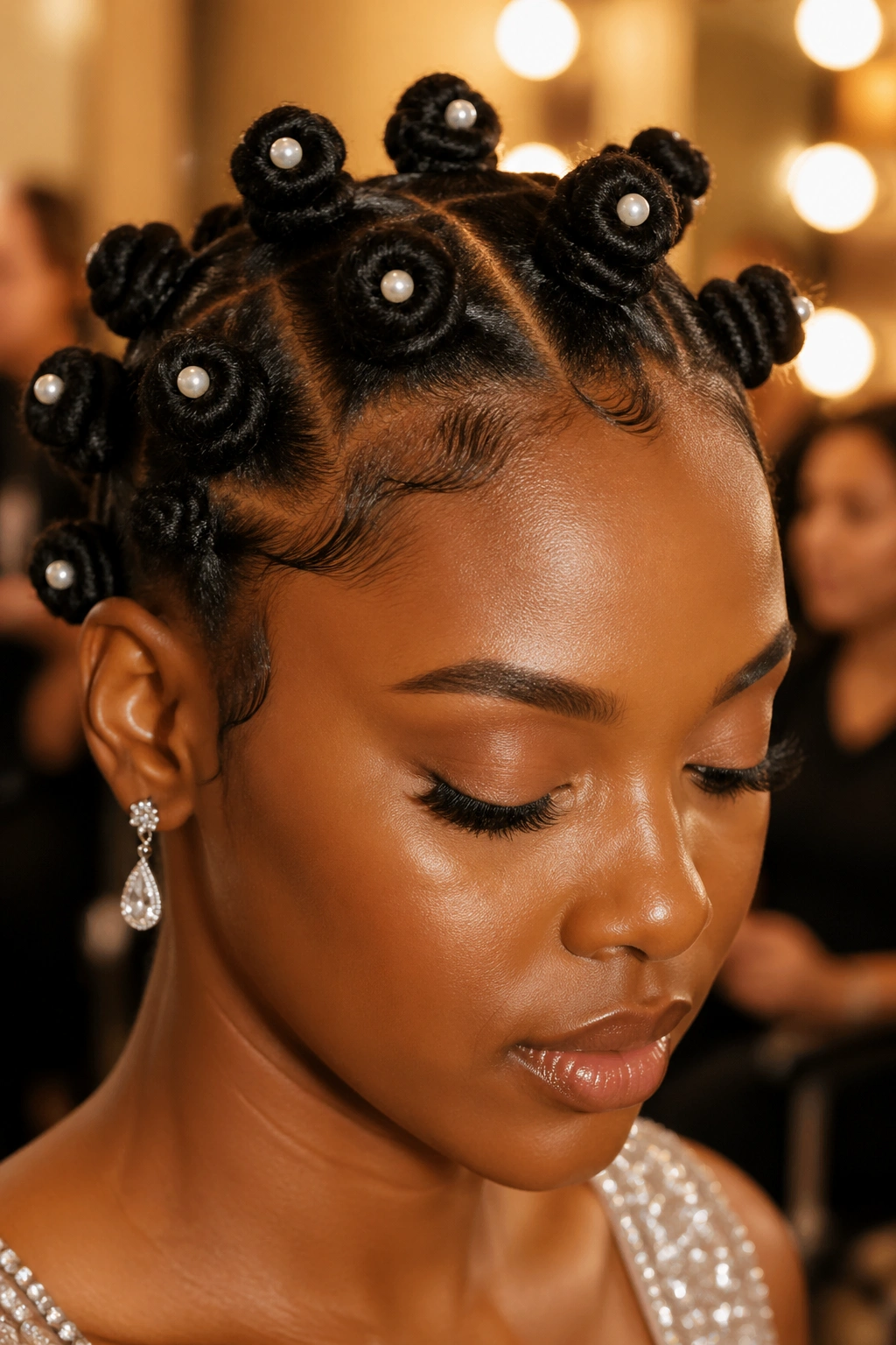 Close-up of short bantu knot hairstyle with pearl pins on a real woman