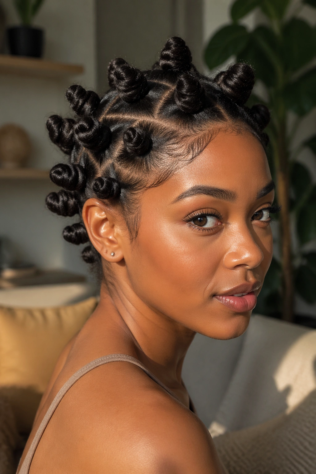Close-up of a Black woman with neatly styled Bantu knots