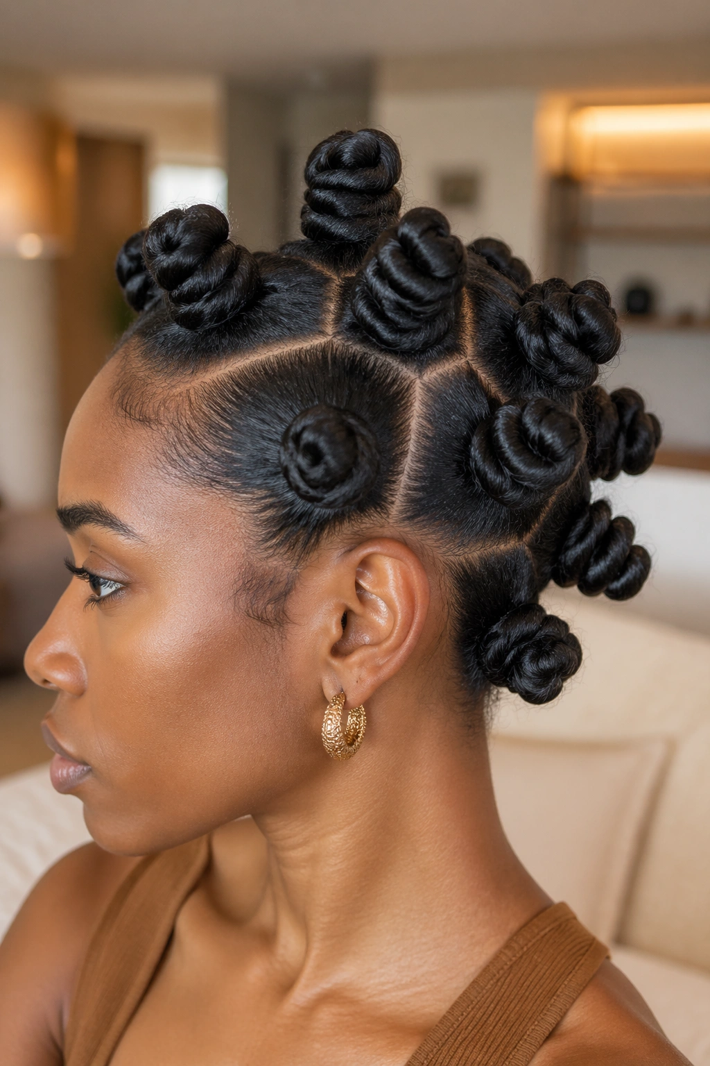 Close-up portrait of a real Black woman with Bantu knots