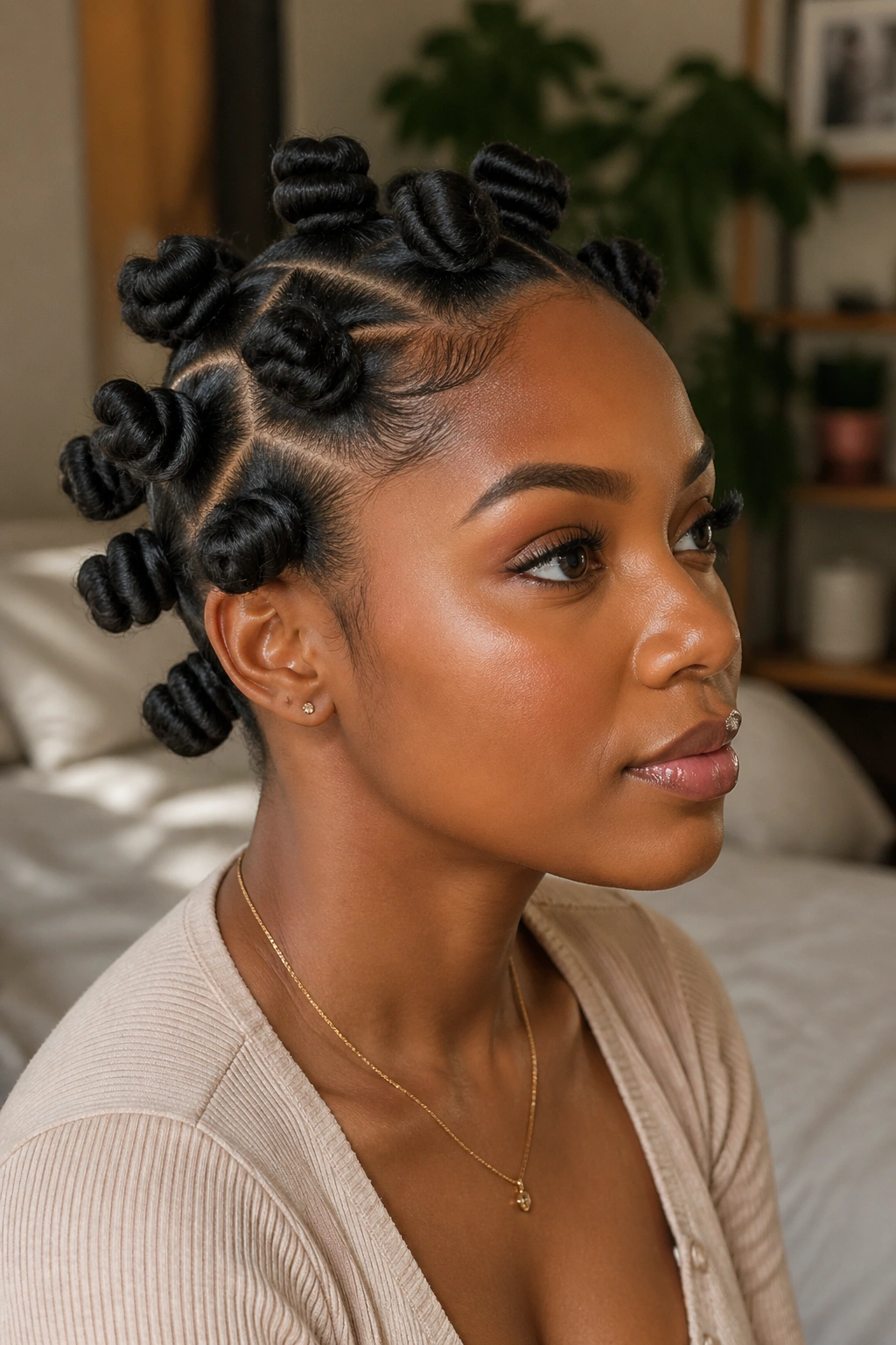 Portrait of a woman with bantu knots hairstyle