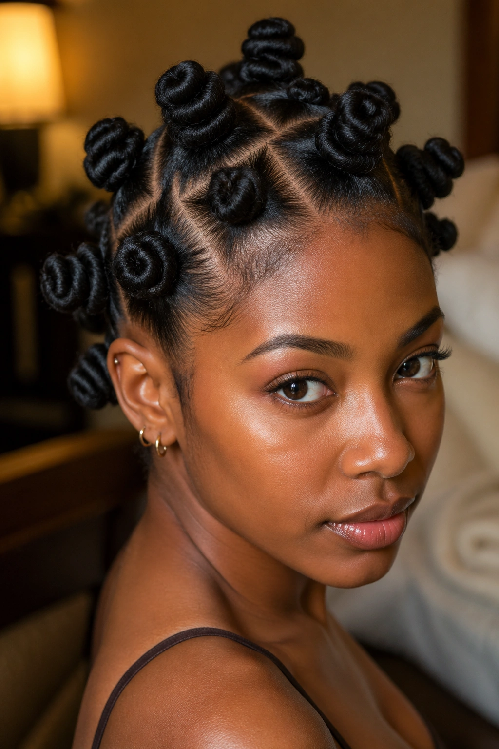 Close-up real woman with neat bantu knots on scalp