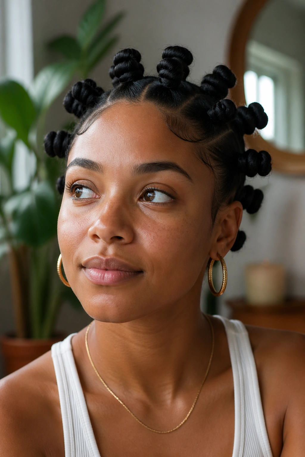 Close-up portrait of a real woman with a full head of bantu knots in warm natural light
